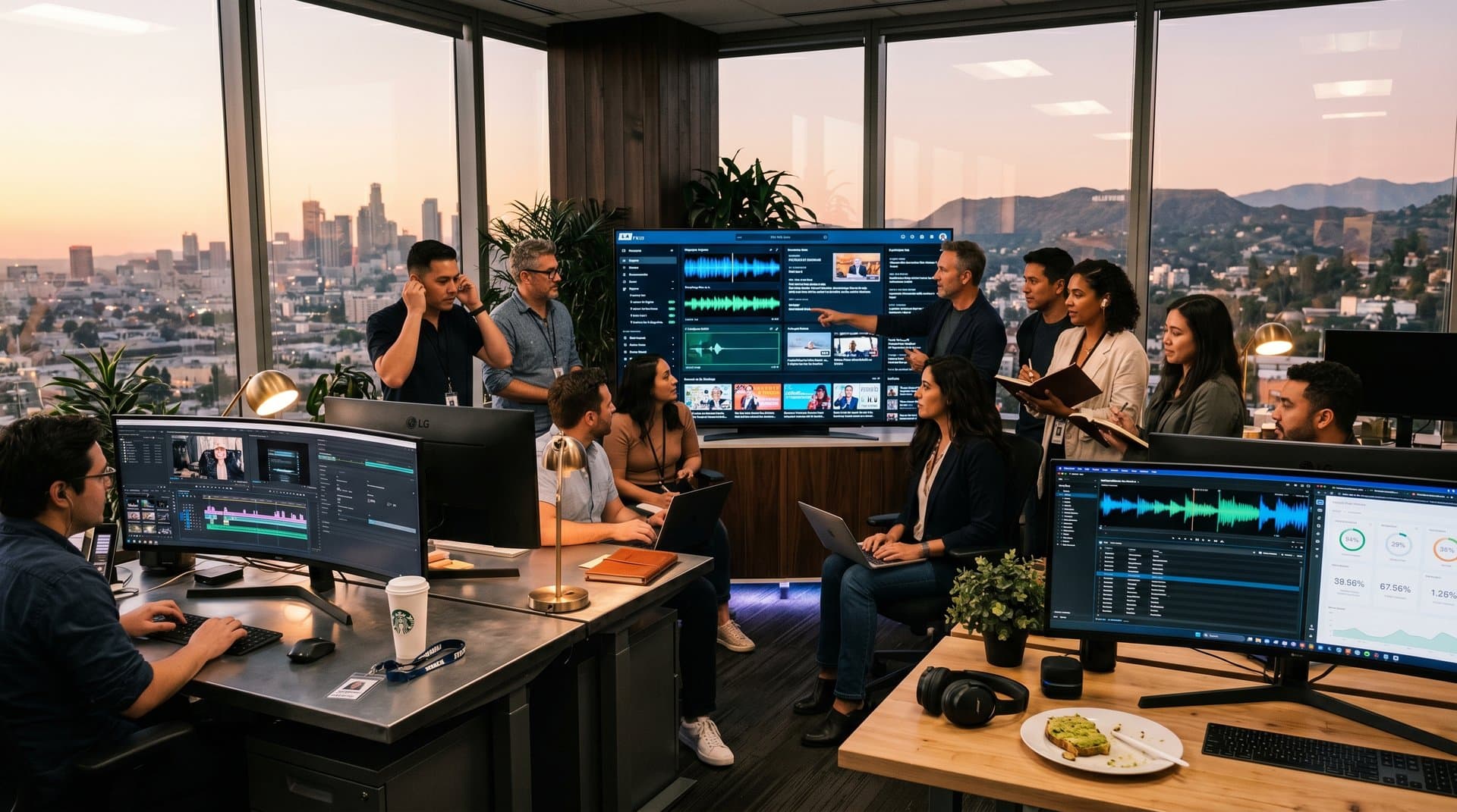 Journalists collaborate in modern LAist newsroom on AI dashboards across multi-monitor desks with LA skyline view