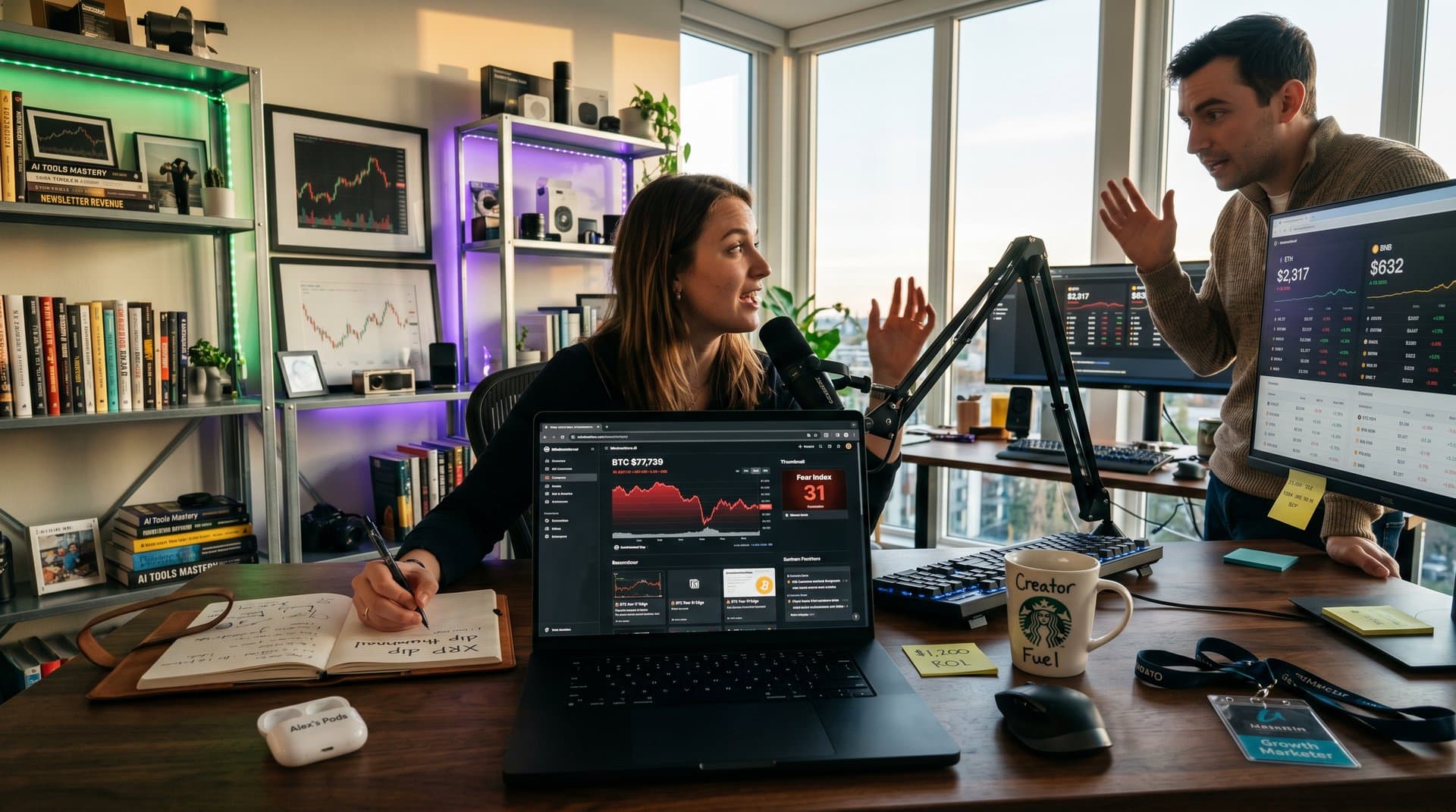 Creator desk setup featuring Mindmatters.ai AI dashboard, crypto charts at BTC $77,739, and content tools