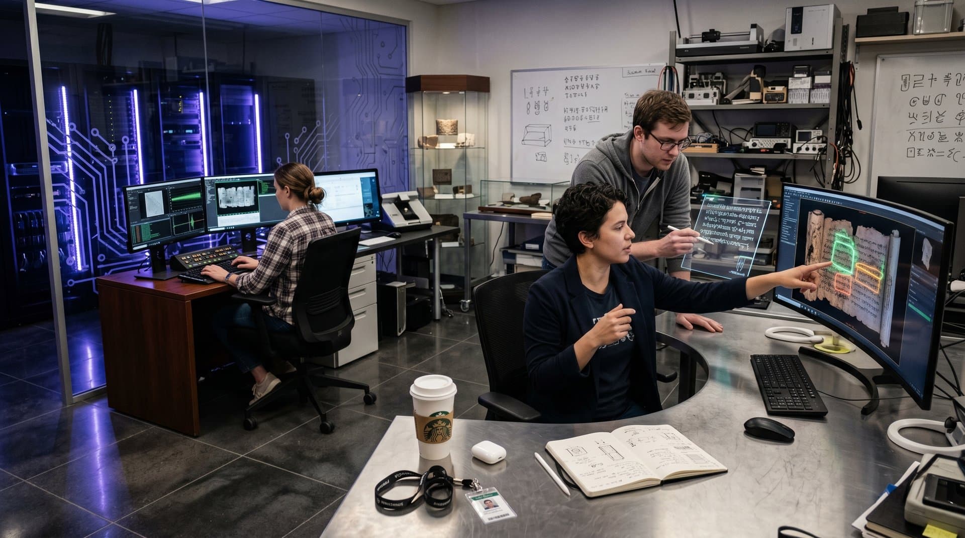High-tech lab monitors show AI analyzing 3D scans of burned ancient papyrus scrolls with glowing text overlays