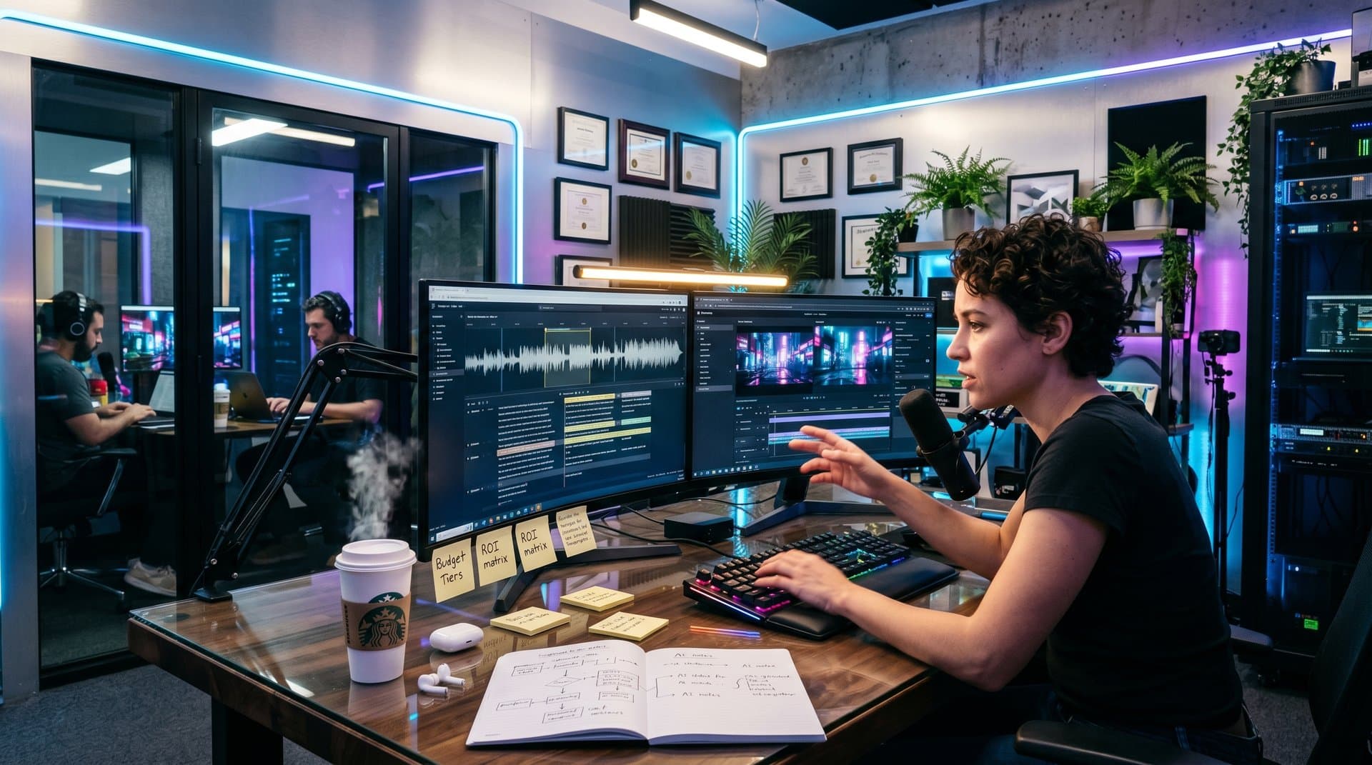 Creator studio screens showing Descript and Runway AI tools with cloud integrations