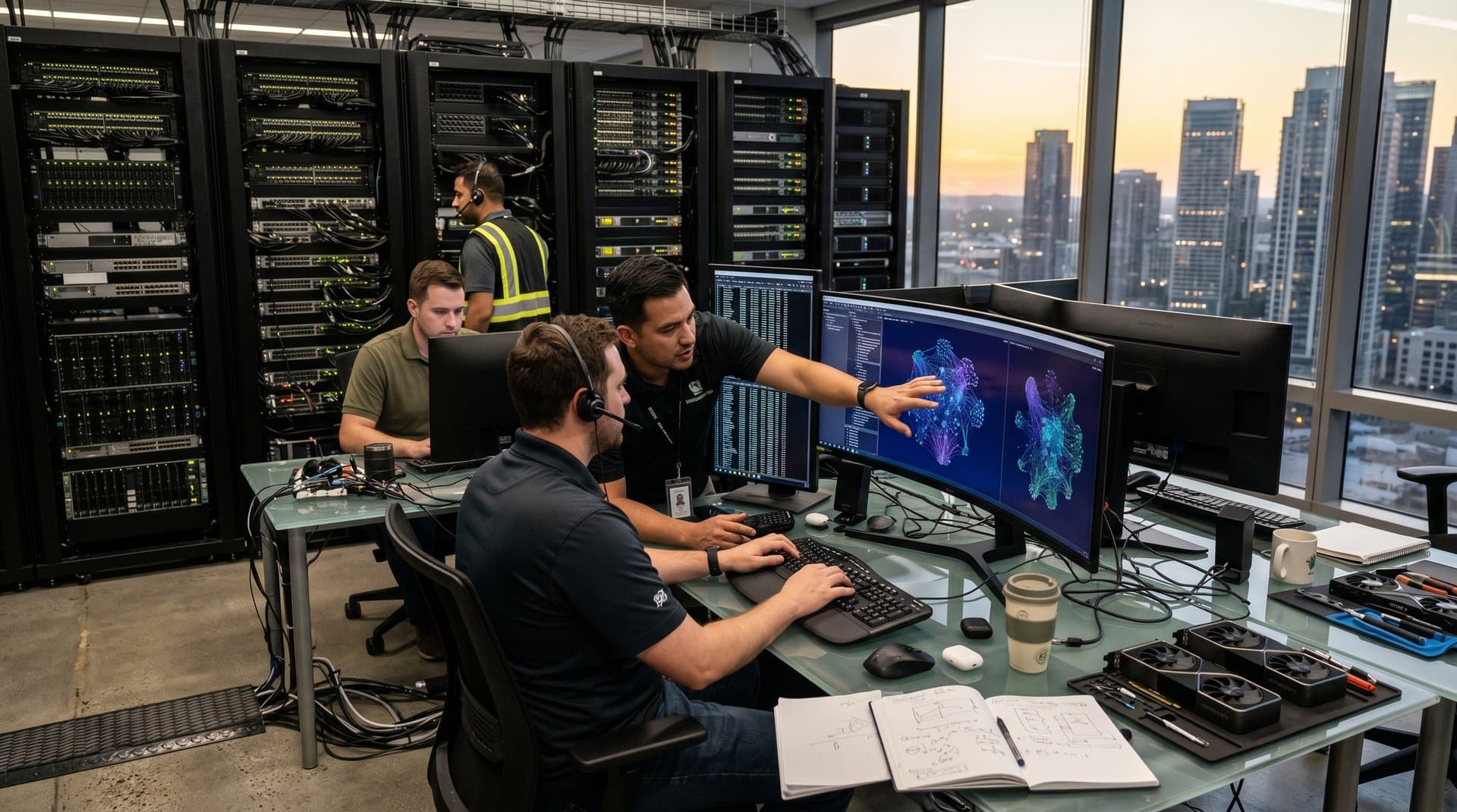 Glowing NVIDIA AI server racks and neural network screens in high-tech data center lab with modern desks and city skyline view