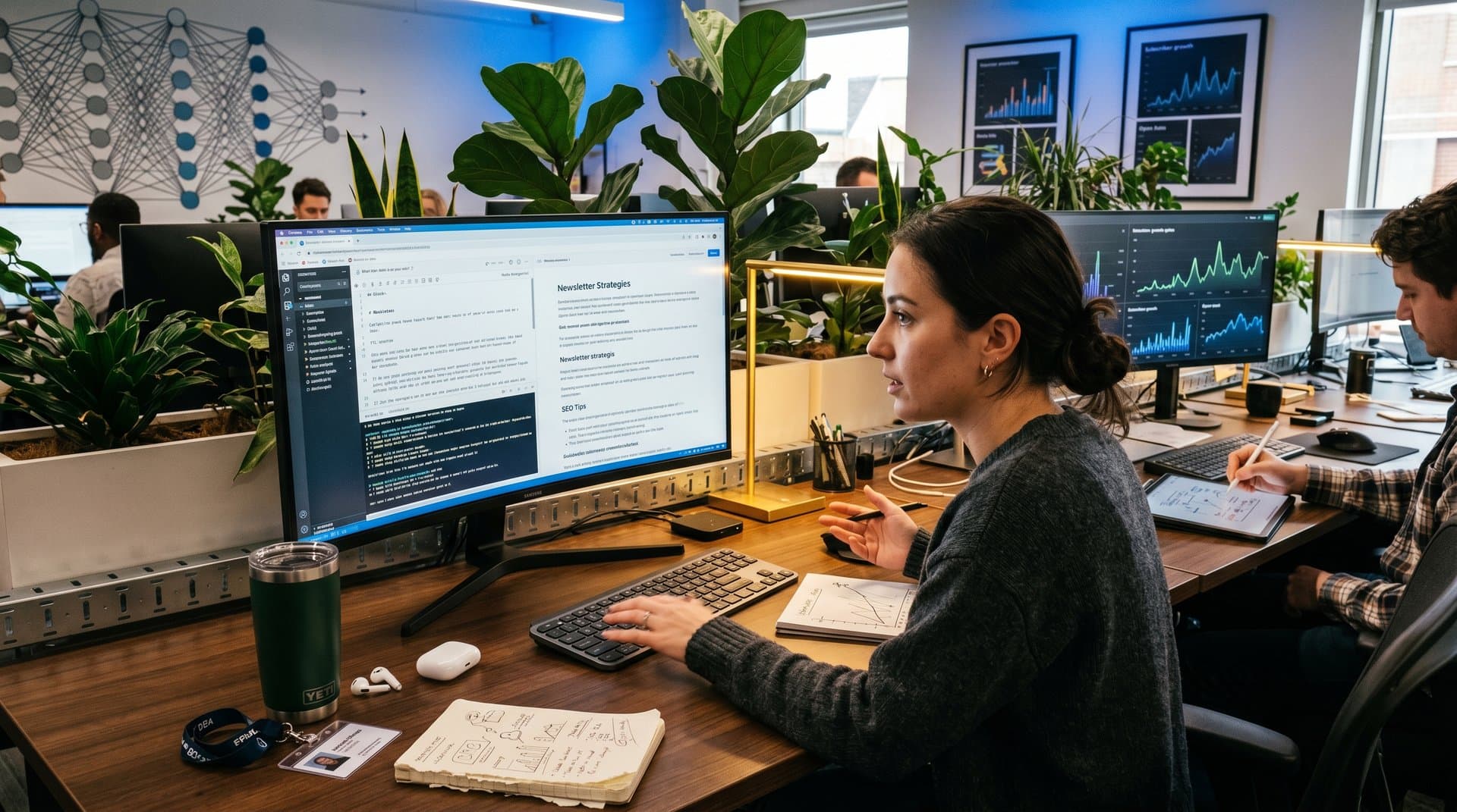 Creator desk with monitor showing port 7891 wiki UI, Markdown editor, Git logs, and newsletter analytics in modern workspace