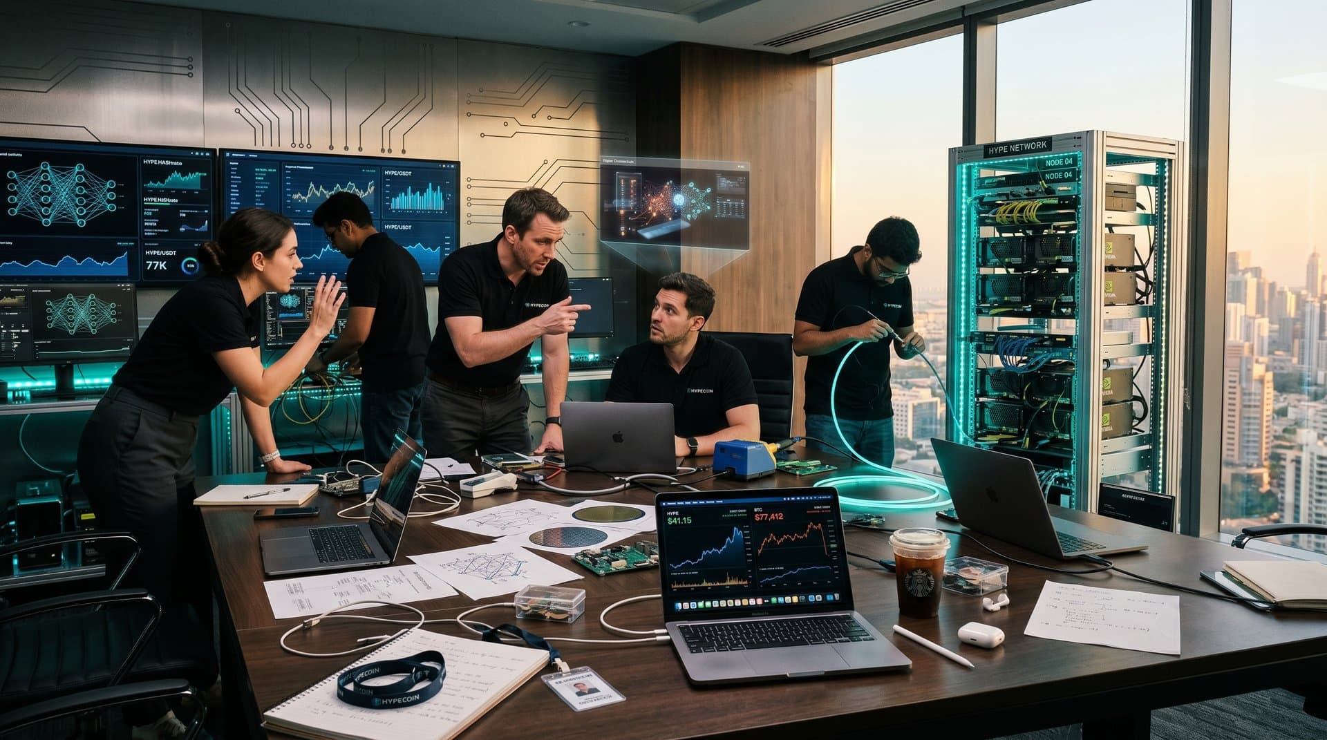 AI lab server racks with GPUs, conference table of chips and crypto charts, simulations on monitors overlooking city skyline