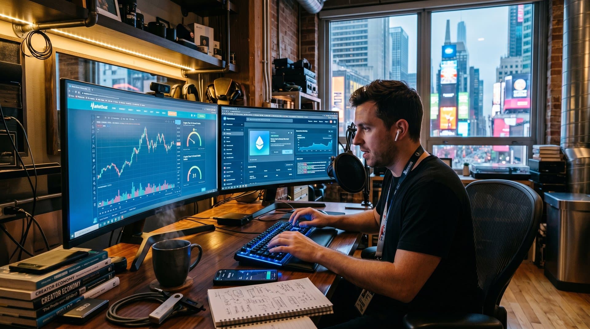 Creator dashboard shows promising cryptocurrency stocks charts, BTC at $77,521 USD, Fear Index 31, and NFT sales metrics