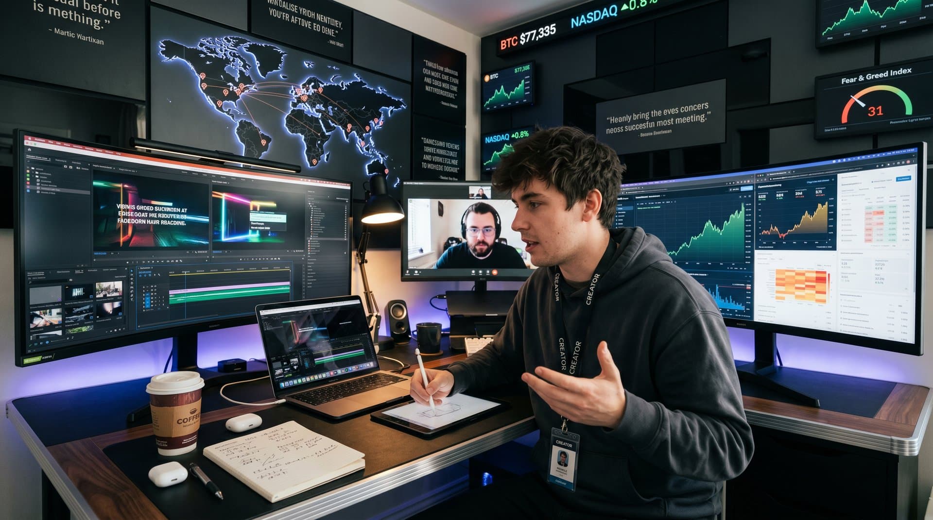 Creator workspace with AI tools from NVIDIA, Microsoft, Google on monitors showing video edits, content plans, SEO graphs in modern setup