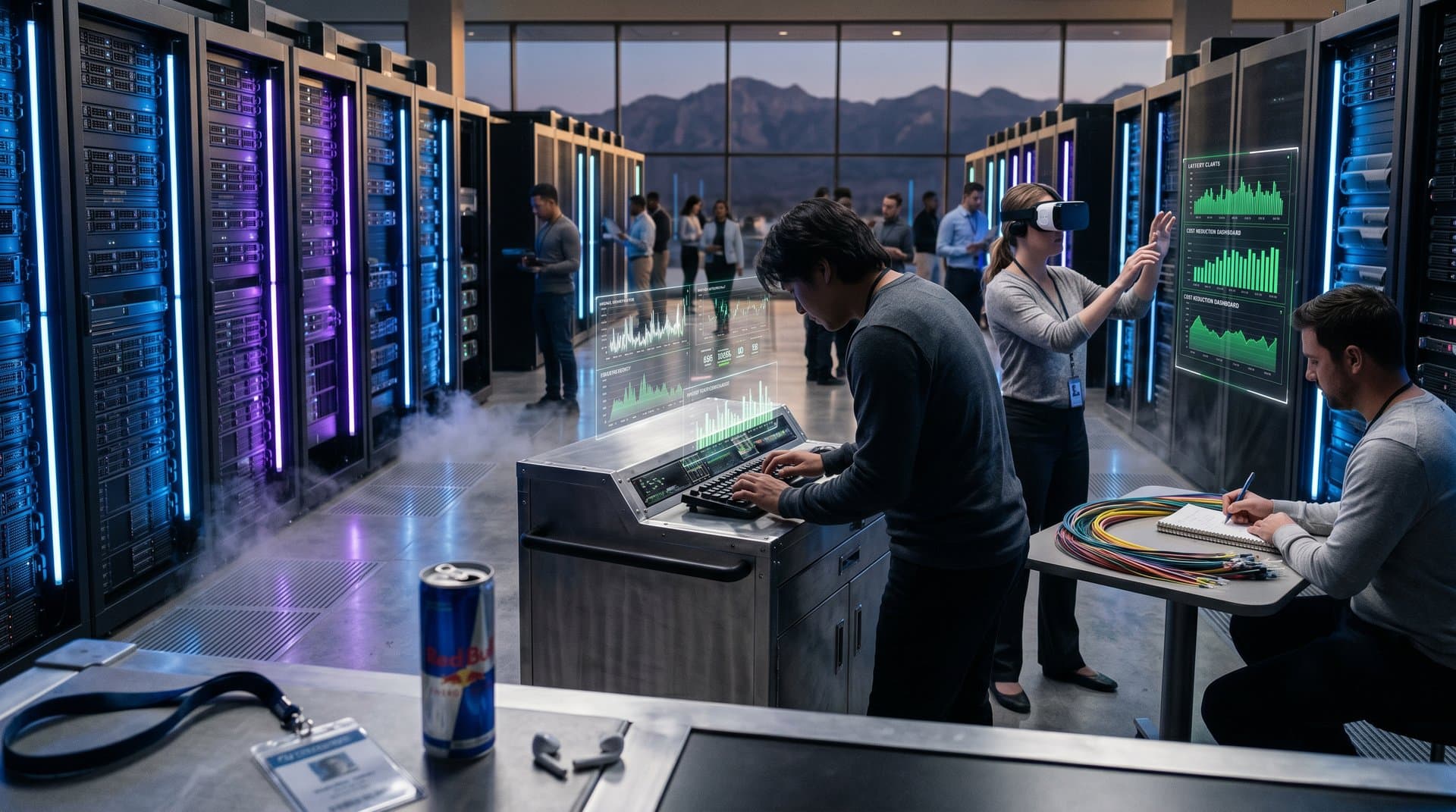 Glowing GPU racks and engineers in a high-tech data center powering AI hyperscalers capex for creator tools