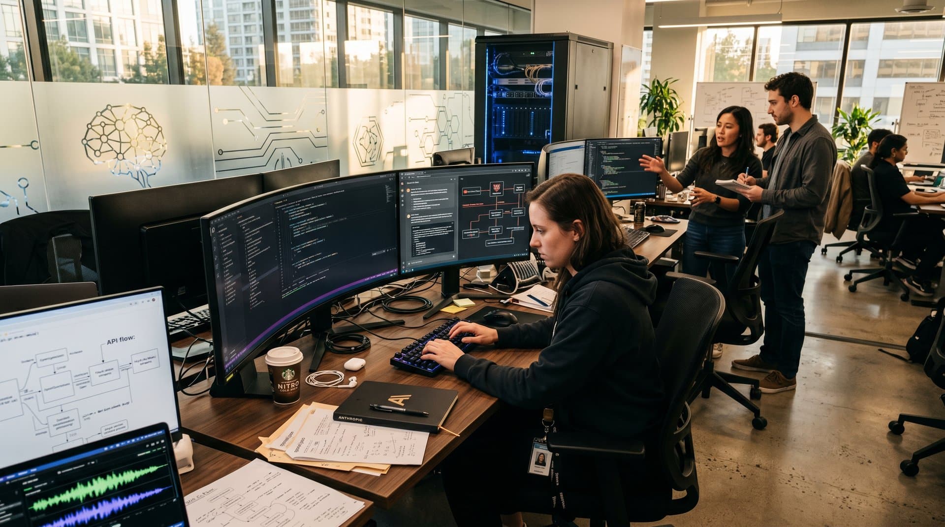 Tech workspace monitors showing AI-generated code for OpenSubsonic API endpoints and music streaming integrations in modern lab environment