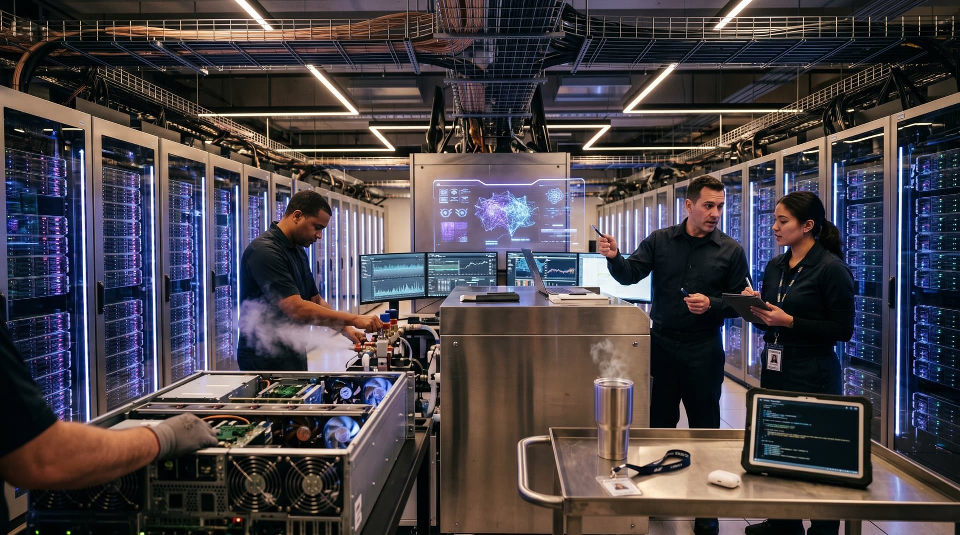 Glowing GPU server racks, holographic AI metrics, and energy pulses in hyperscaler data center powering creator cloud tools