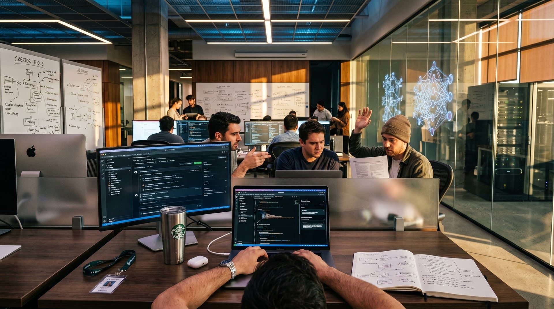 Tech office screens displaying AI code interfaces, API endpoints, music streaming tools in modern workspace