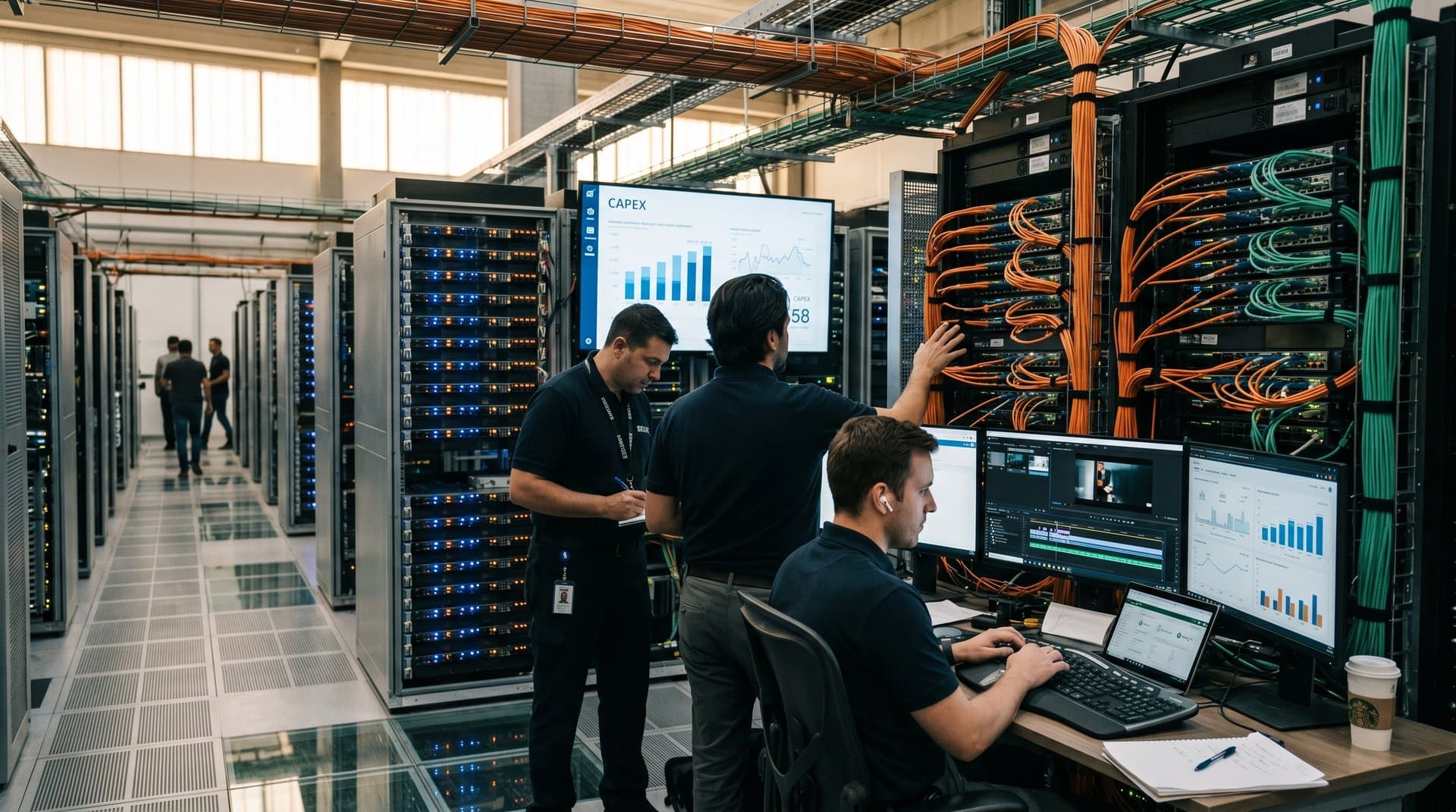 Futuristic data center with glowing server racks, neural networks, $720B capex holograms, and creator tool icons