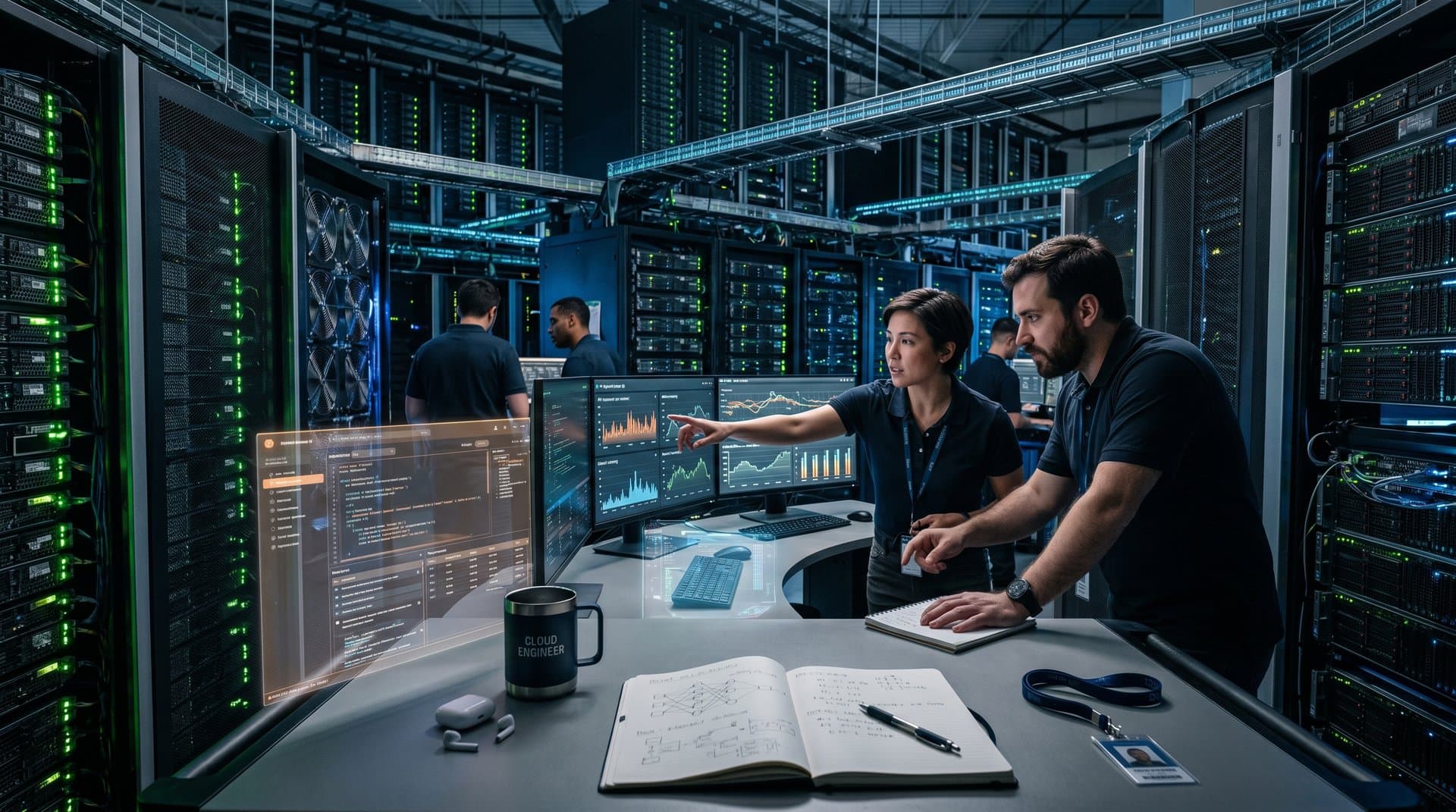 Data center with GPU racks and dashboards showing AI creator tools like Gemini and Copilot