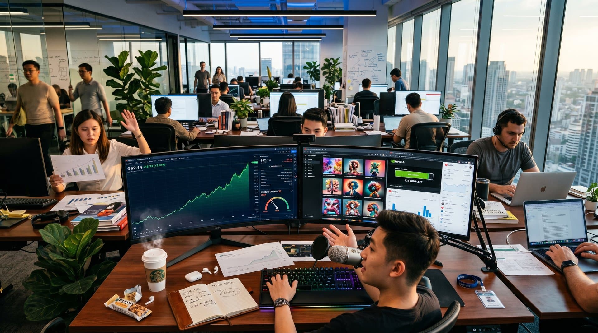 Creator workstation displaying AI growth stocks rebound, Fear & Greed 33, NVIDIA Adobe tools boosting RPM