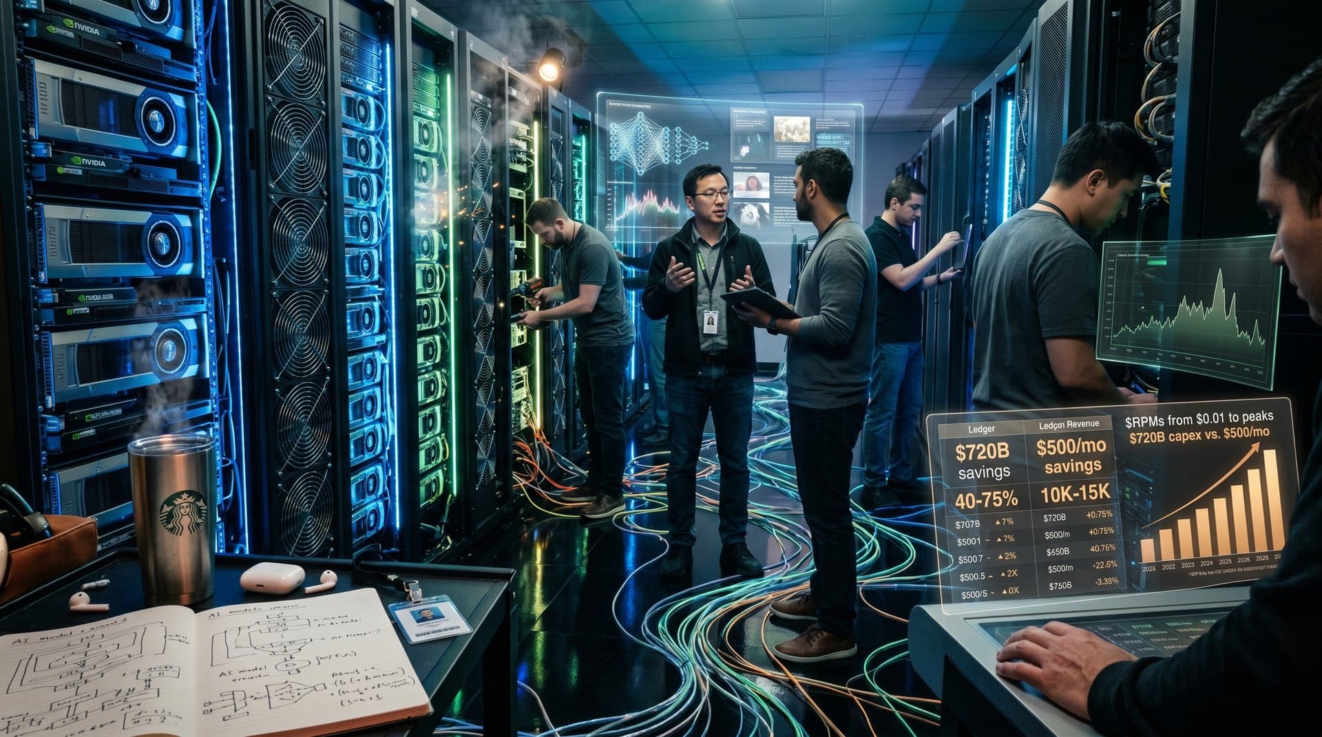 Glowing NVIDIA GPU servers and holographic AI creator tools in a high-tech data center