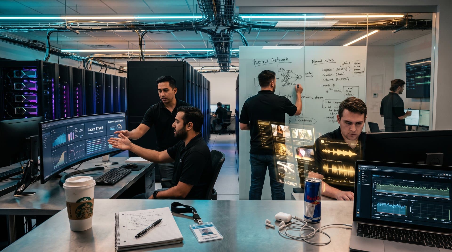 Futuristic data center with glowing GPU racks and holograms of AI tools symbolizing $720B hyperscaler capex trap for creators