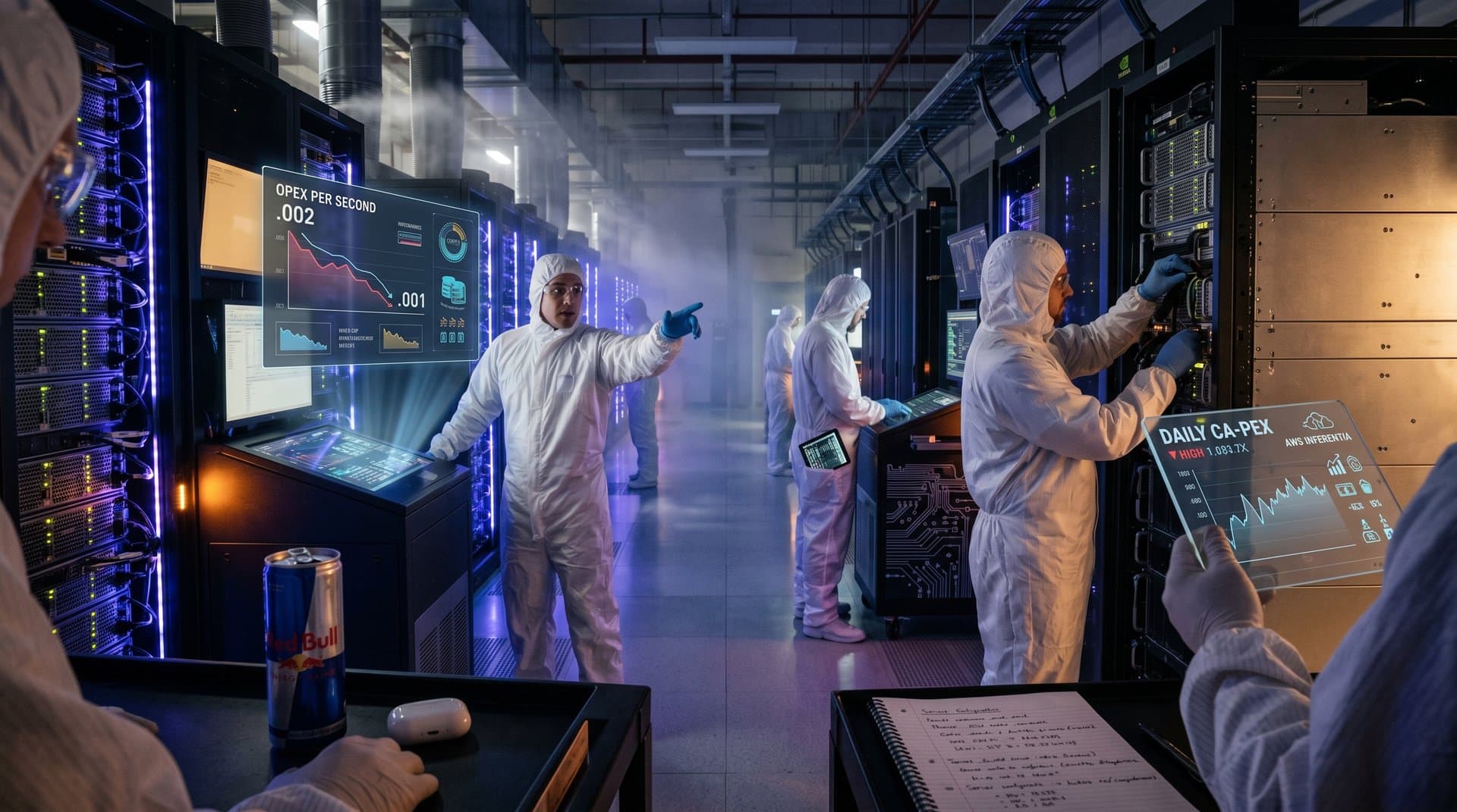 Glowing server racks with AI creator tool overlays in a high-tech data center.