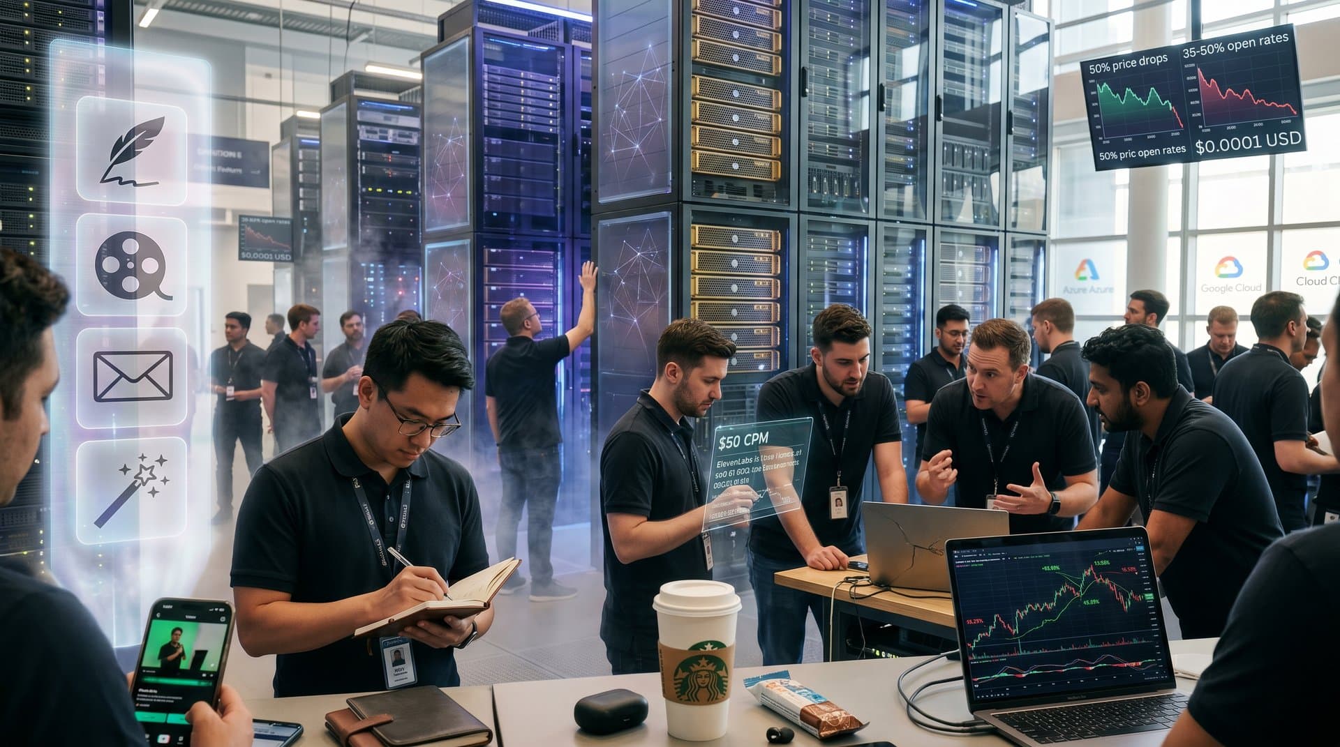 Glowing server racks funneling AI tools to creator laptops with rising viral graphs in futuristic data center