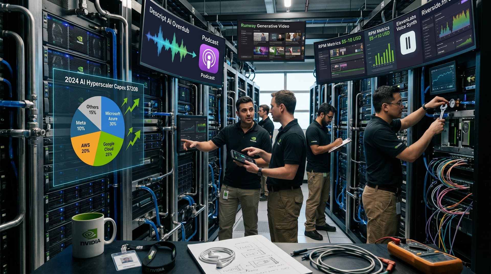 Glowing AI server racks with GPU clusters, holographic $720B capex charts, and creator tool interfaces in futuristic data center