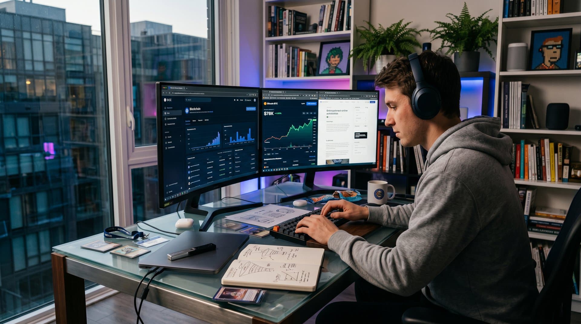 Creator desk with NFT minting screen, BTC $78K chart, Web3 tools, and token-gated previews in modern studio setup
