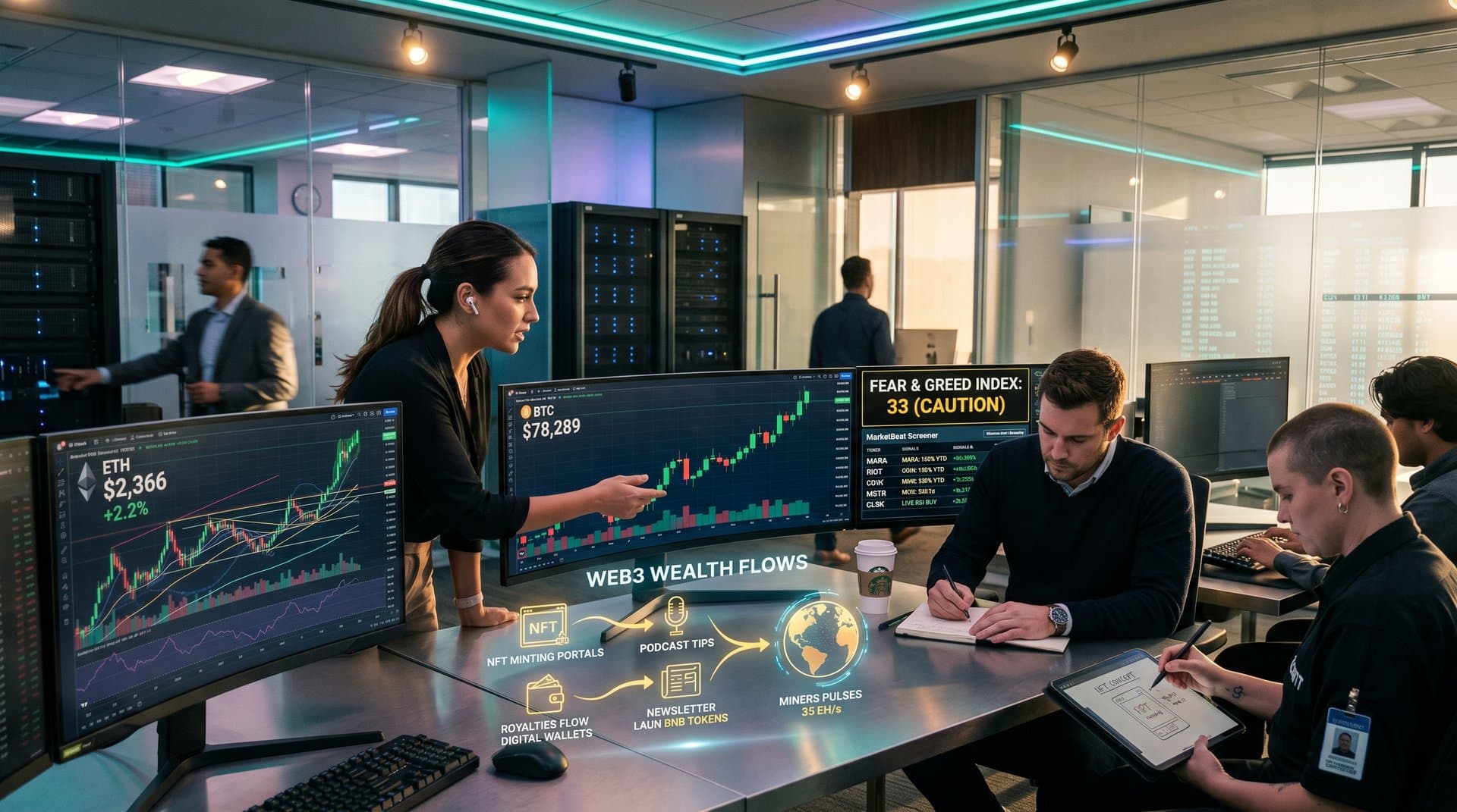 Trading screens display BTC at $78K, Fear & Greed at 33, MarketBeat crypto stocks, and Web3 NFT tools for creators