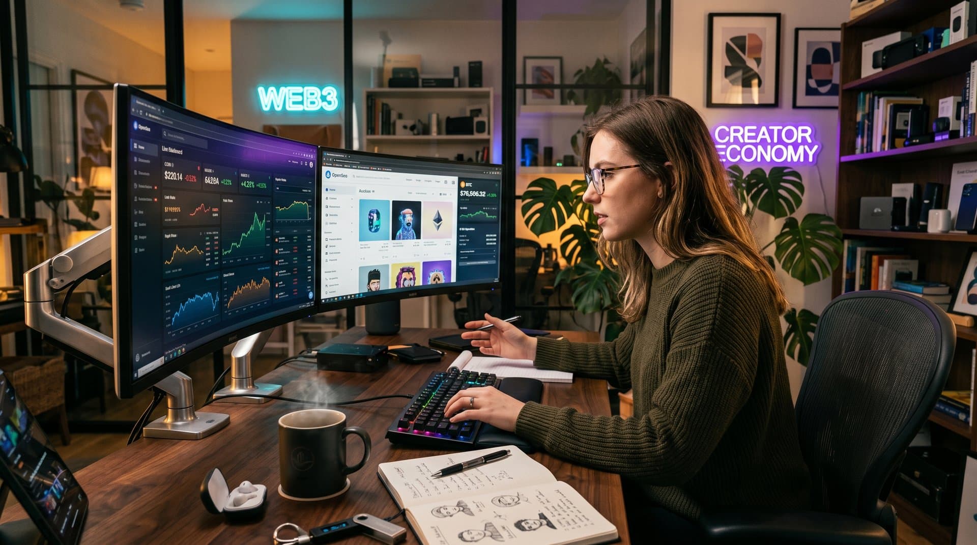 Creator desk with monitors showing crypto stocks COIN, MARA charts, BTC ETH prices, Fear & Greed at 33, NFT tools