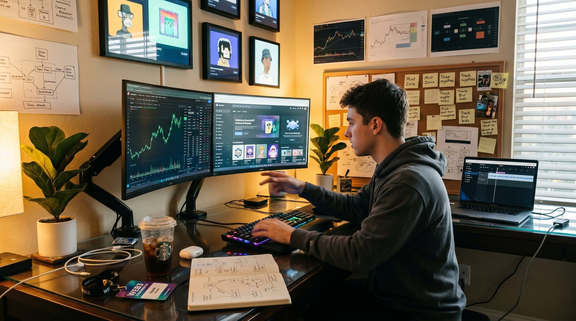 Creator desk with MarketBeat crypto stock charts, $78K BTC ticker, NFT interfaces, Ledger wallet, and Web3 workflow notes