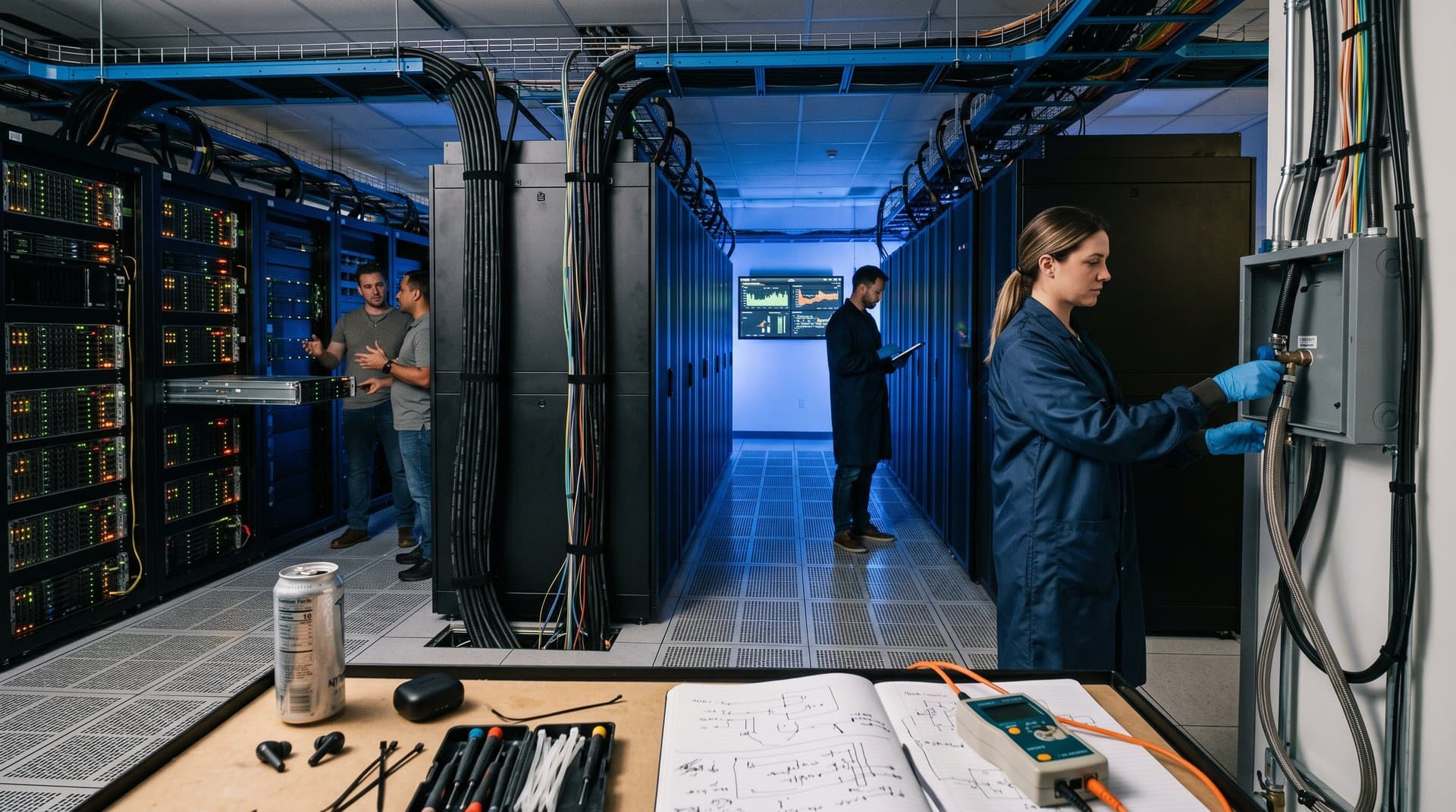 Nvidia GPU racks glow in a high-tech data center with fiber optics and AI workload dashboards