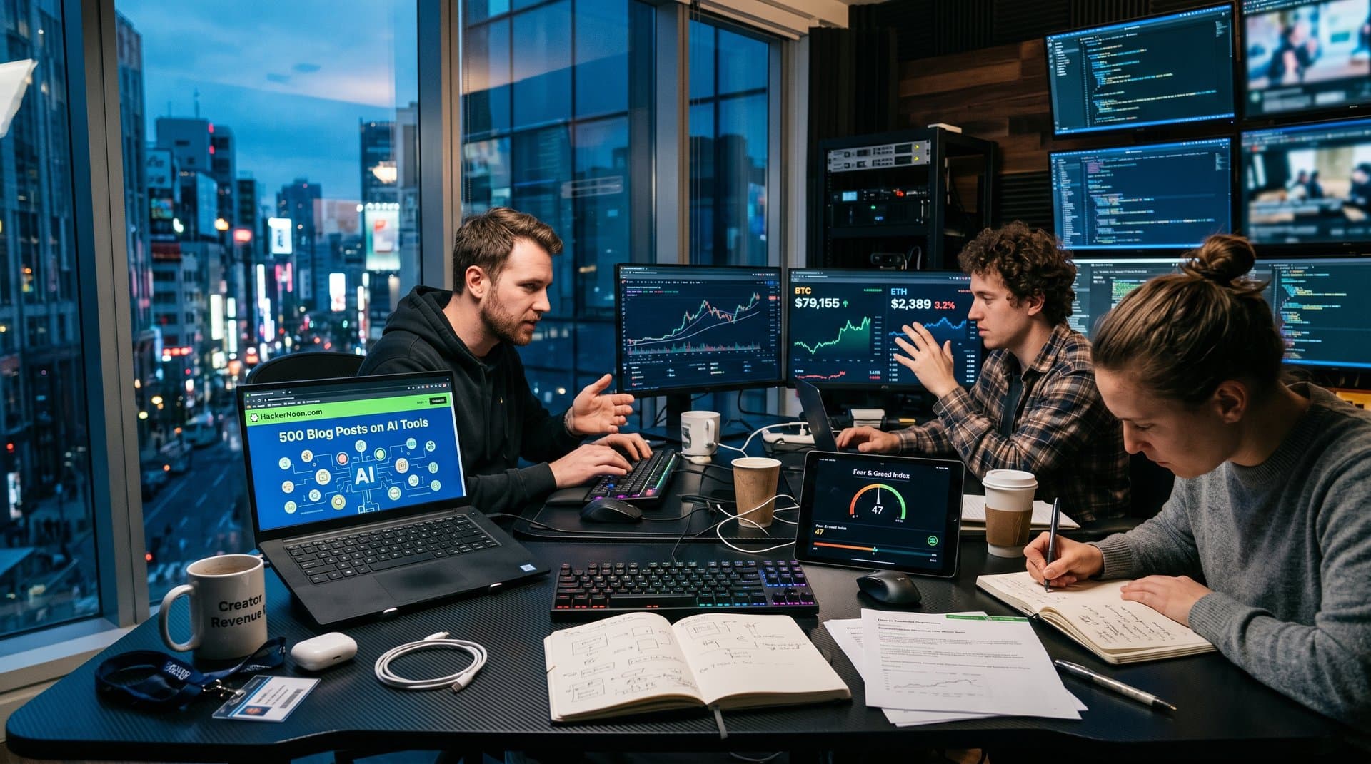 Digital workspace with HackerNoon AI posts on laptop, tool icons, BTC chart at $79K, crypto graphs, neon futuristic style