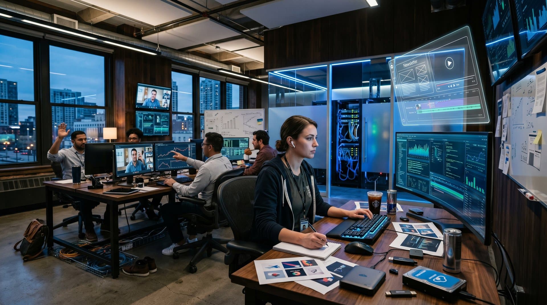 Creator workspace with AI cloud tools, Azure dashboards, Copilot interface, and server lights symbolizing Motley Fool AI stock power