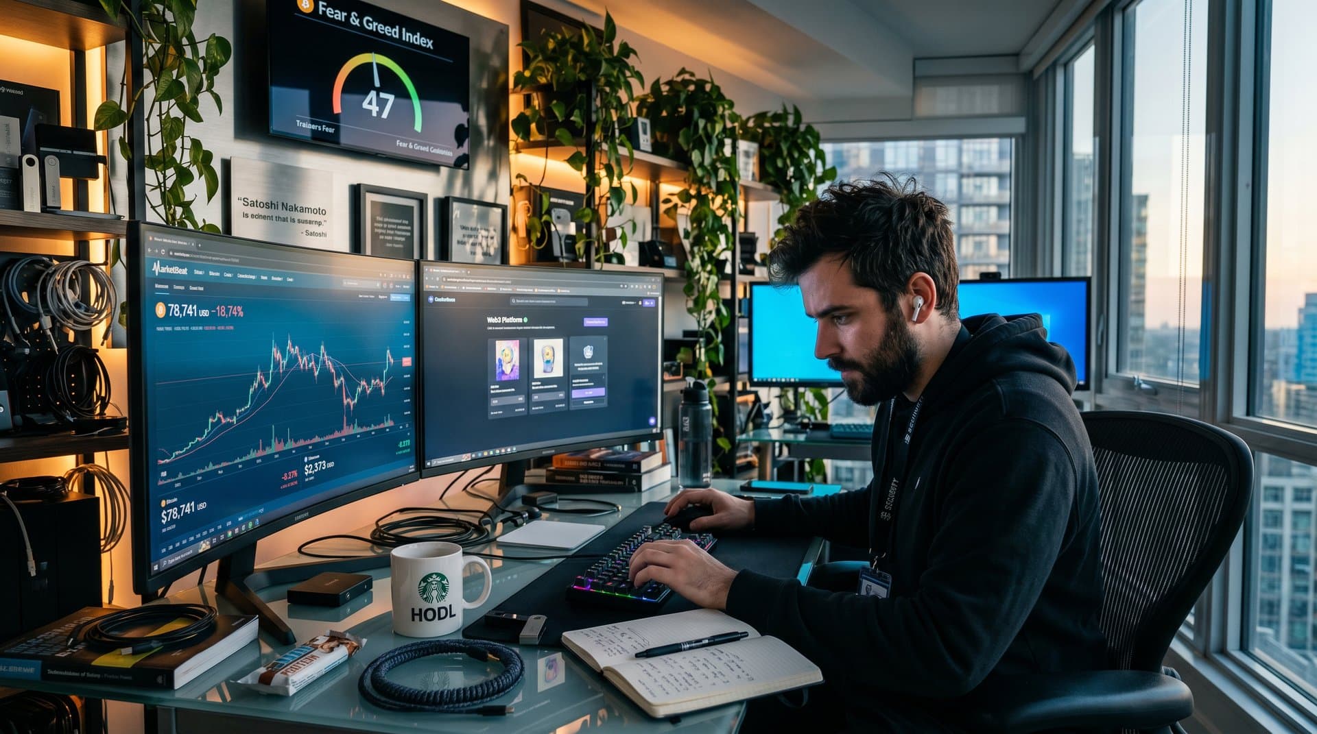 Creator desk with monitors showing MarketBeat crypto stocks, BTC $78,741 charts, Web3 wallets, and NFT dashboards in modern office