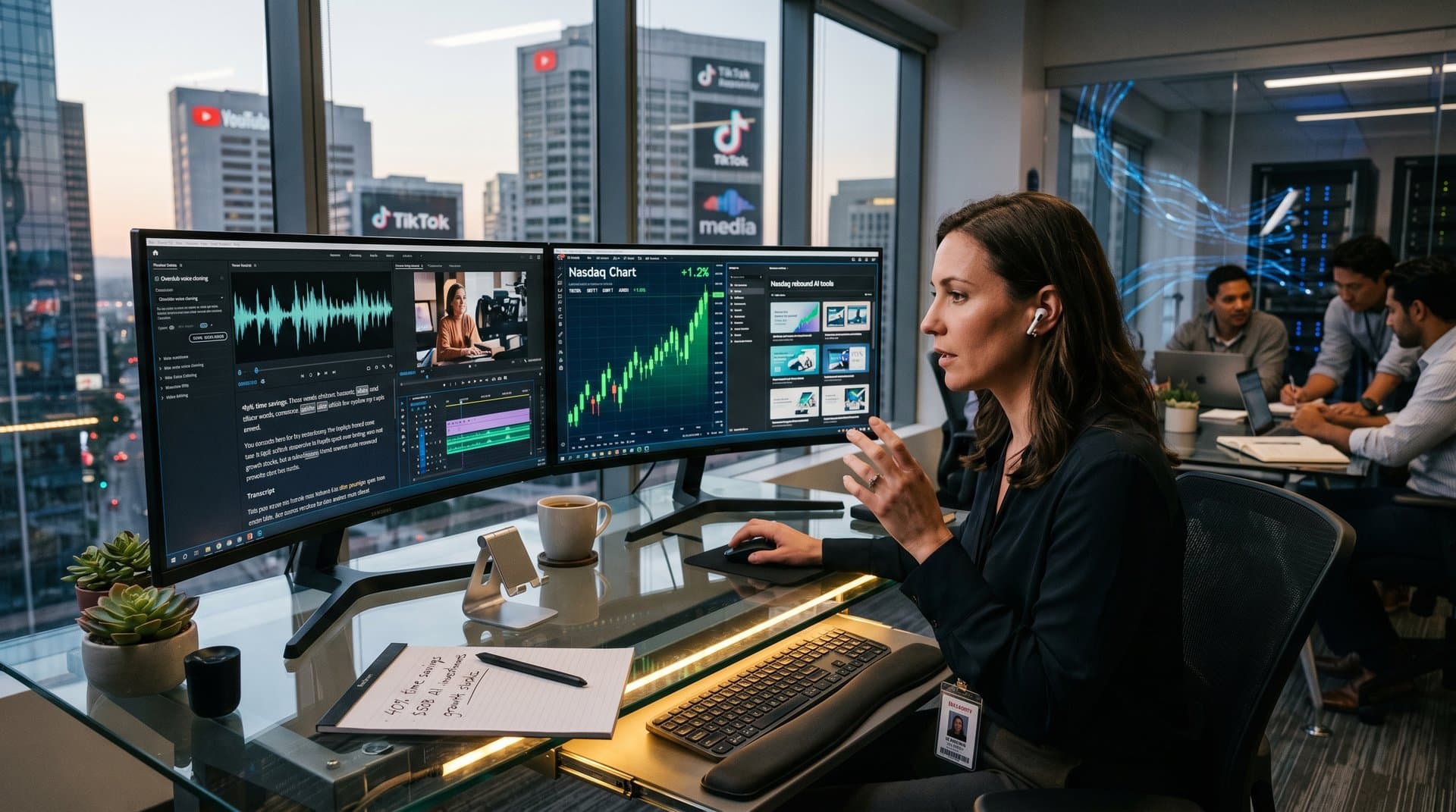 Creator workspace with AI tools, Descript interface, Canva thumbnails, rising Nasdaq charts, and city skyline