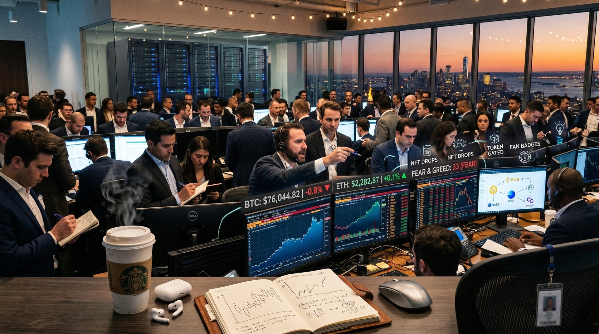 Trading screens show cryptocurrency stocks, BTC at $76K, Fear Index 33, and Web3 creator tools charts on modern financial floor