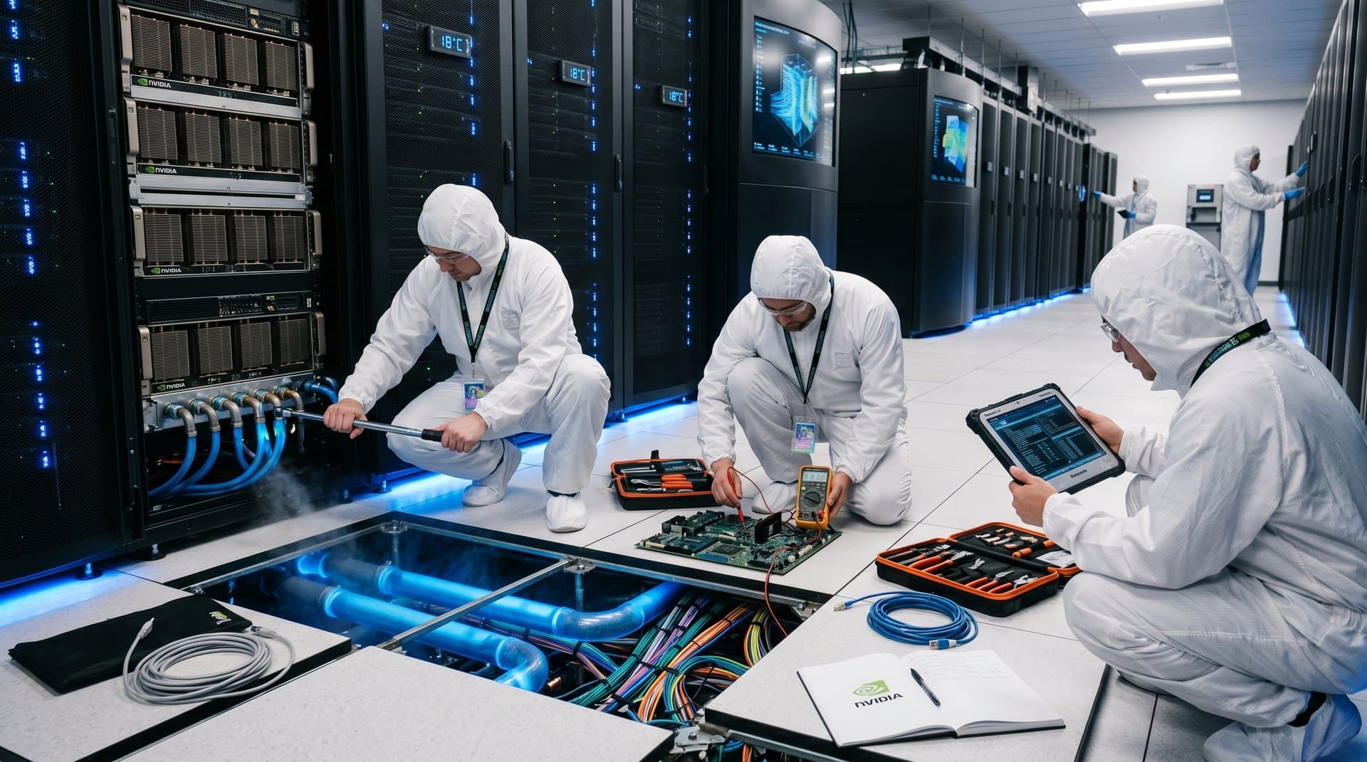 Engineers adjusting helium pipes under data center floors near NVIDIA GPU racks amid blue-lit server halls