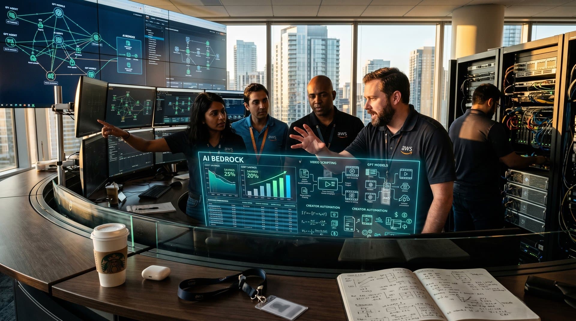 AWS data center with OpenAI Bedrock dashboards, cost savings charts, AI agent workflows, and server technology overlooking skyline