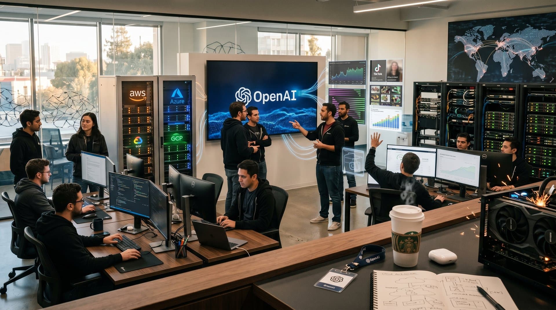 Abstract neural network of AWS, Azure, GCP clouds powering OpenAI for content creation tools