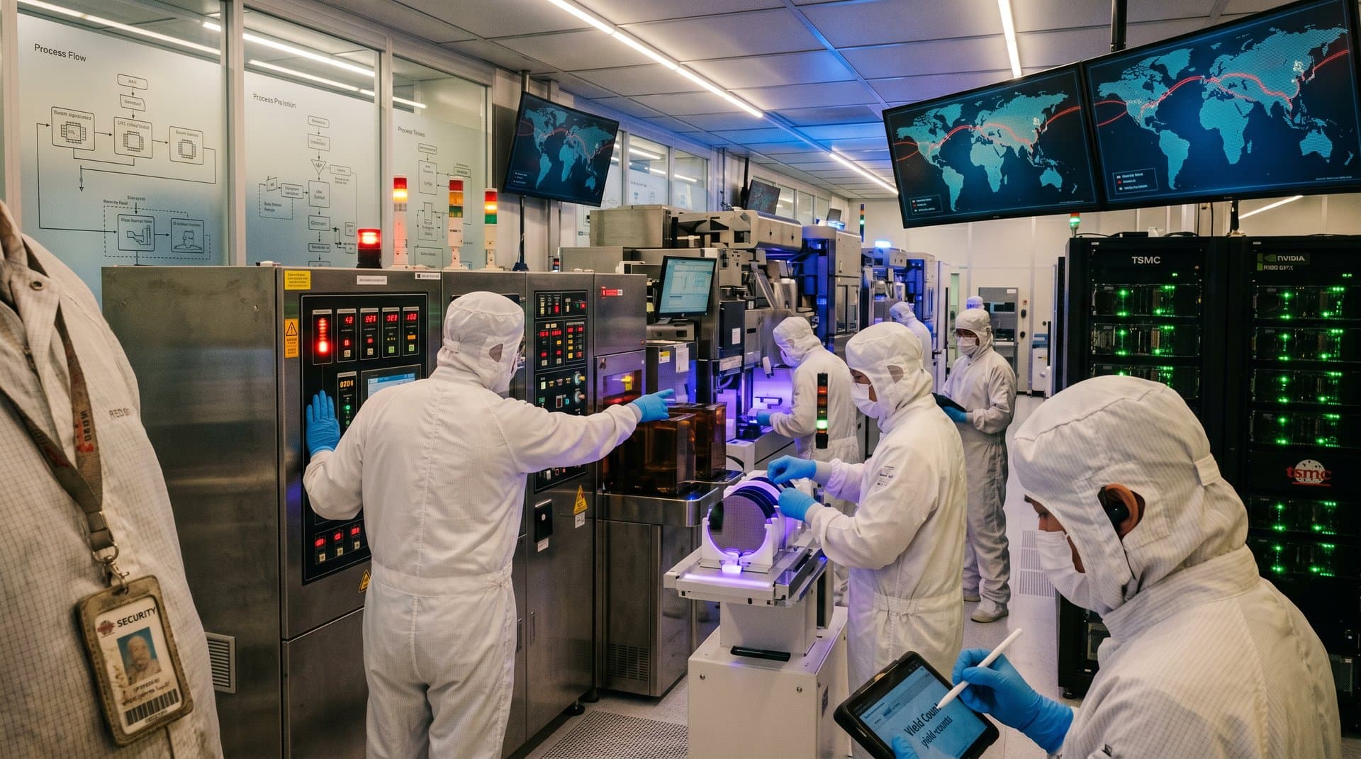 EUV lithography machine in cleanroom purging helium for AI chip production amid supply risk warnings
