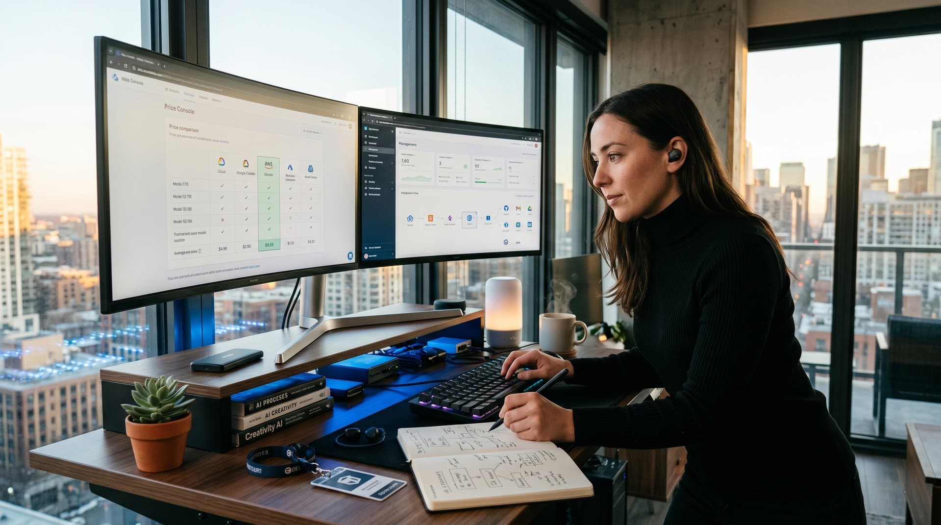Creator workspace with AWS Bedrock console showing OpenAI models, cost dashboards, and content generation interfaces in modern setup