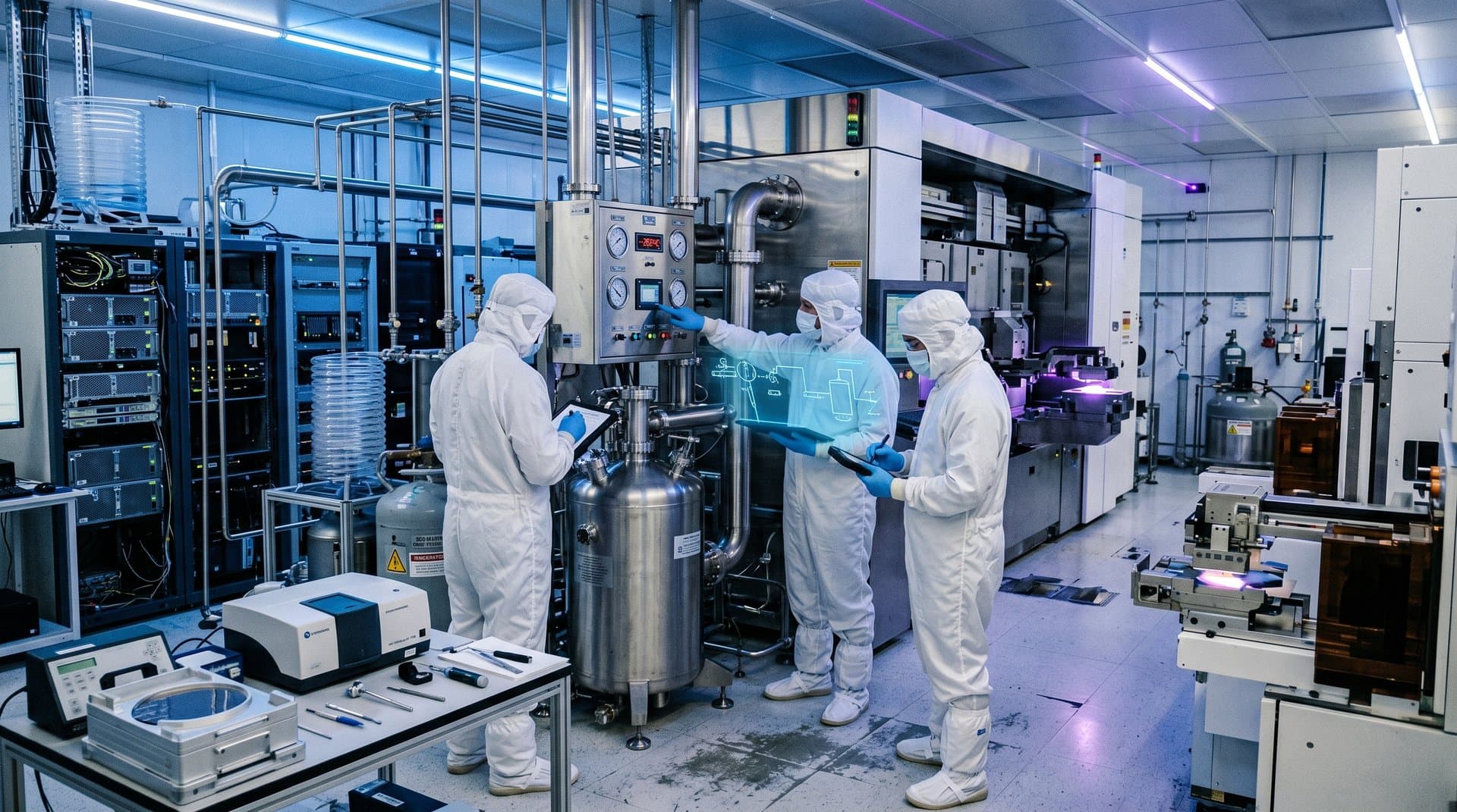 Cleanroom engineers monitor helium systems on ASML EUV scanner amid fab equipment and GPU servers