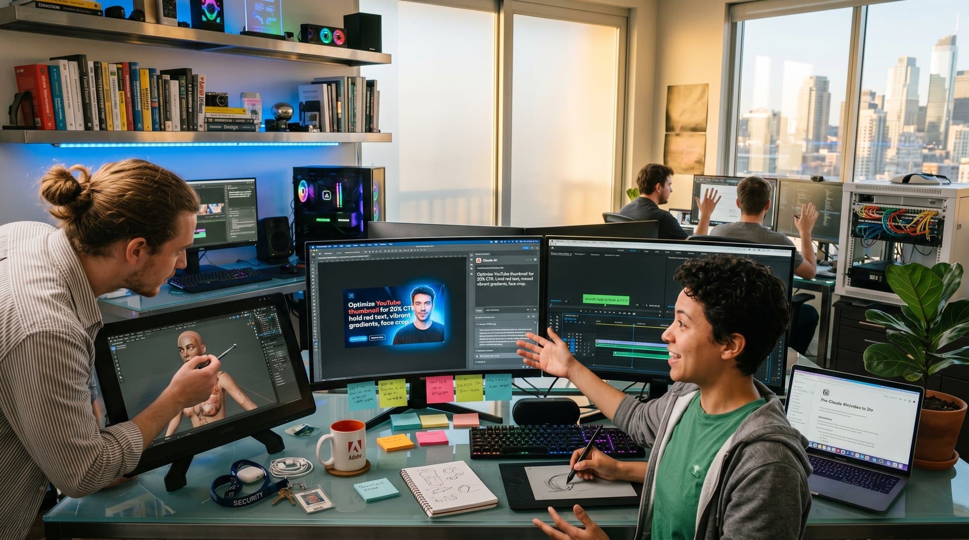 Creative workstation screens showing Claude AI in Photoshop, Premiere Pro, and Blender integrations in a modern sunlit studio