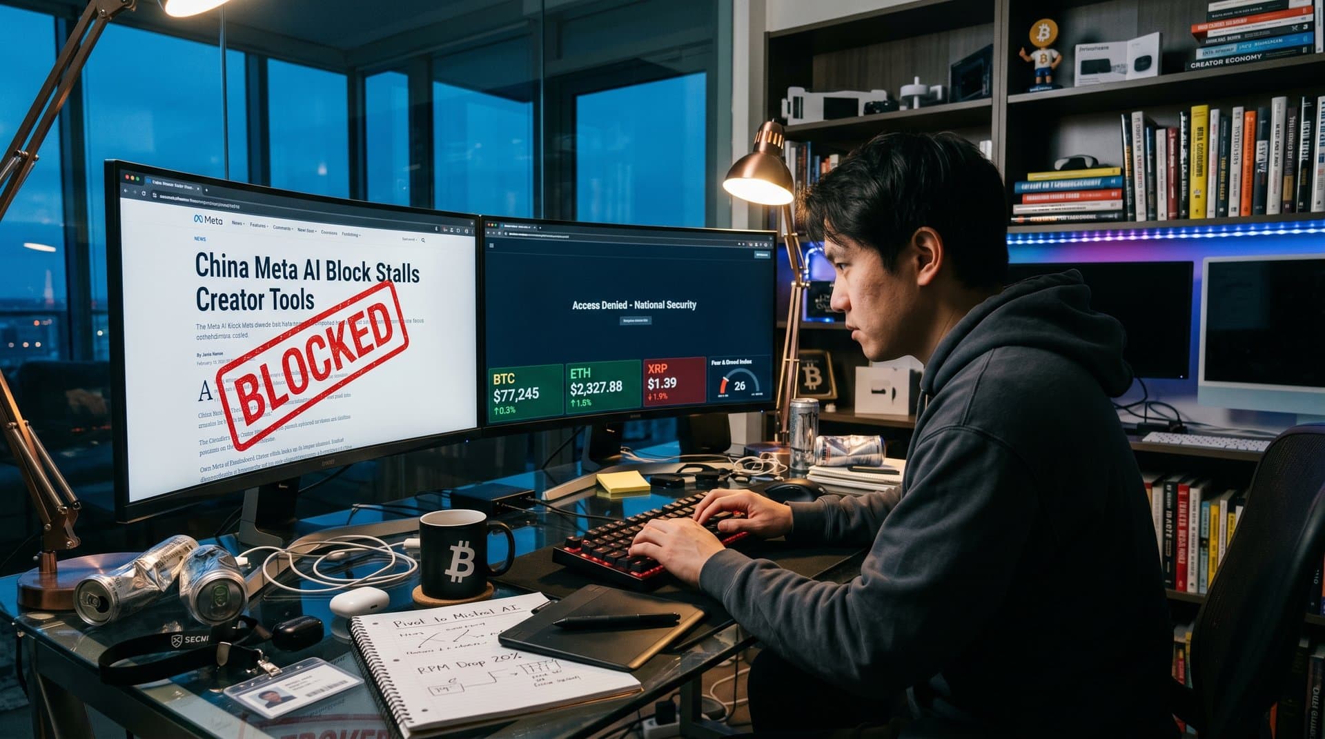 Creator desk with monitors showing China Meta AI block news, stalled tools, crypto charts, and Fear & Greed at 26