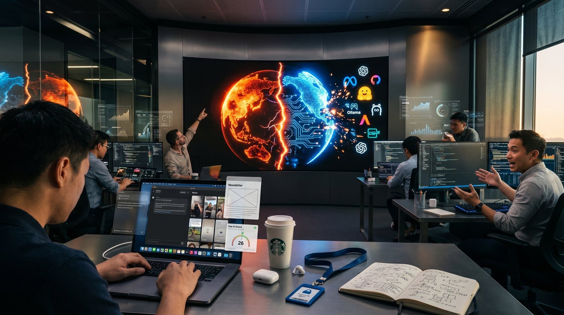 Split globe with AI firewall barrier and creator laptop running open-source tools amid US-China tech rivalry