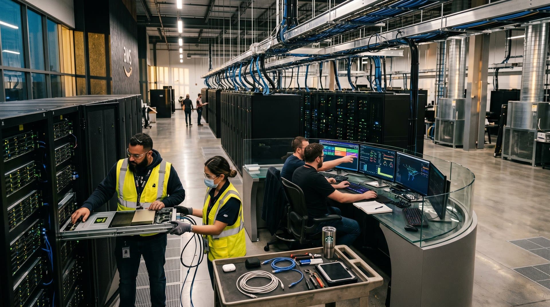 AWS data center with glowing server racks, Bedrock dashboards, and GPU installations for frontier AI