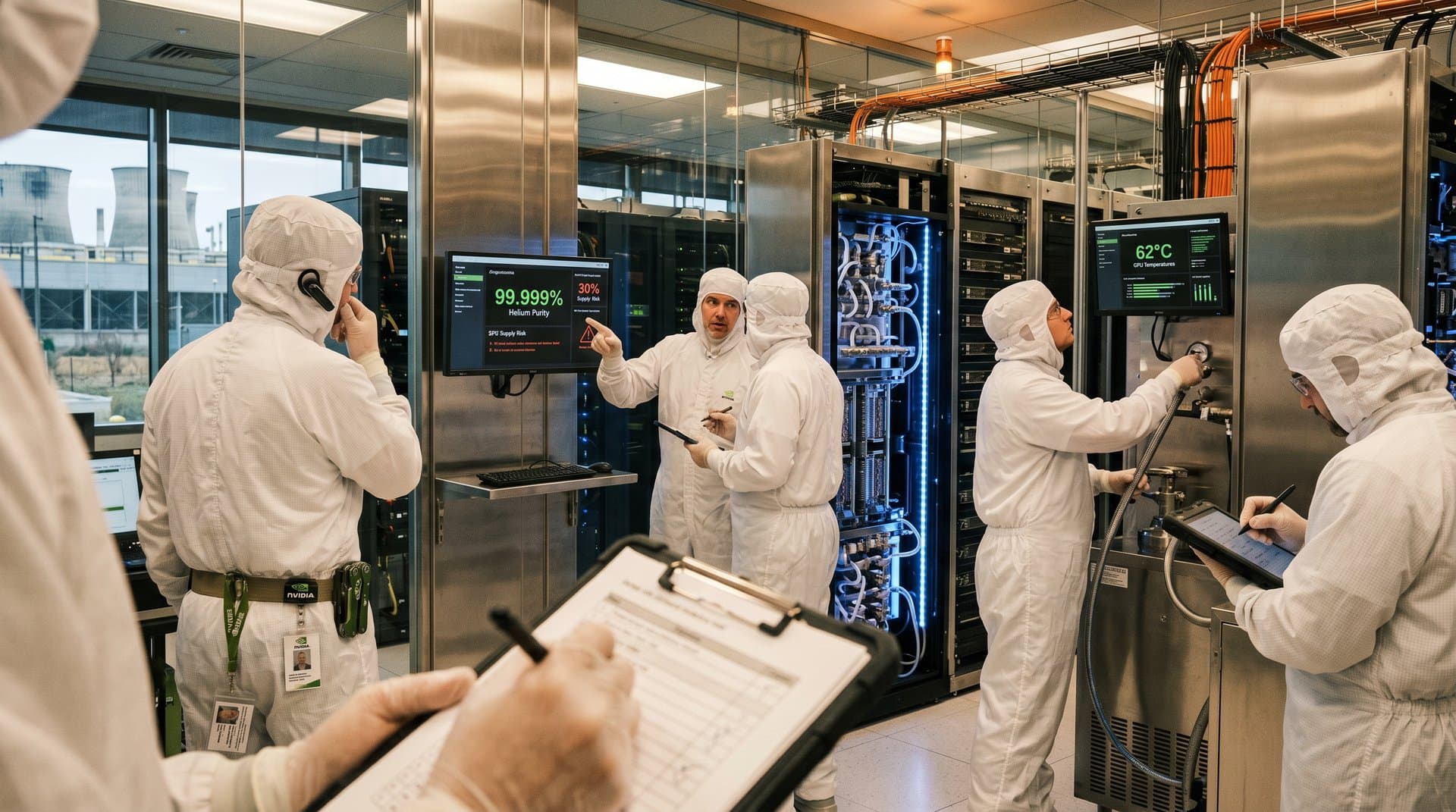 Cleanroom technicians check helium-cooled Nvidia GPU racks in AI data center with diagnostic tools and glowing metrics displays.