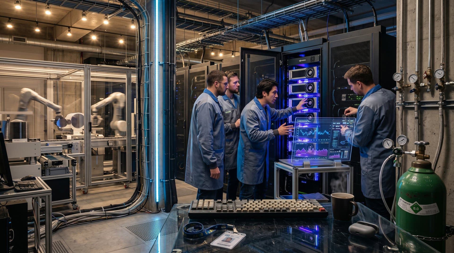 Glowing Nvidia GPU racks with helium coolant lines in futuristic server room, holographic graphs, and tech equipment