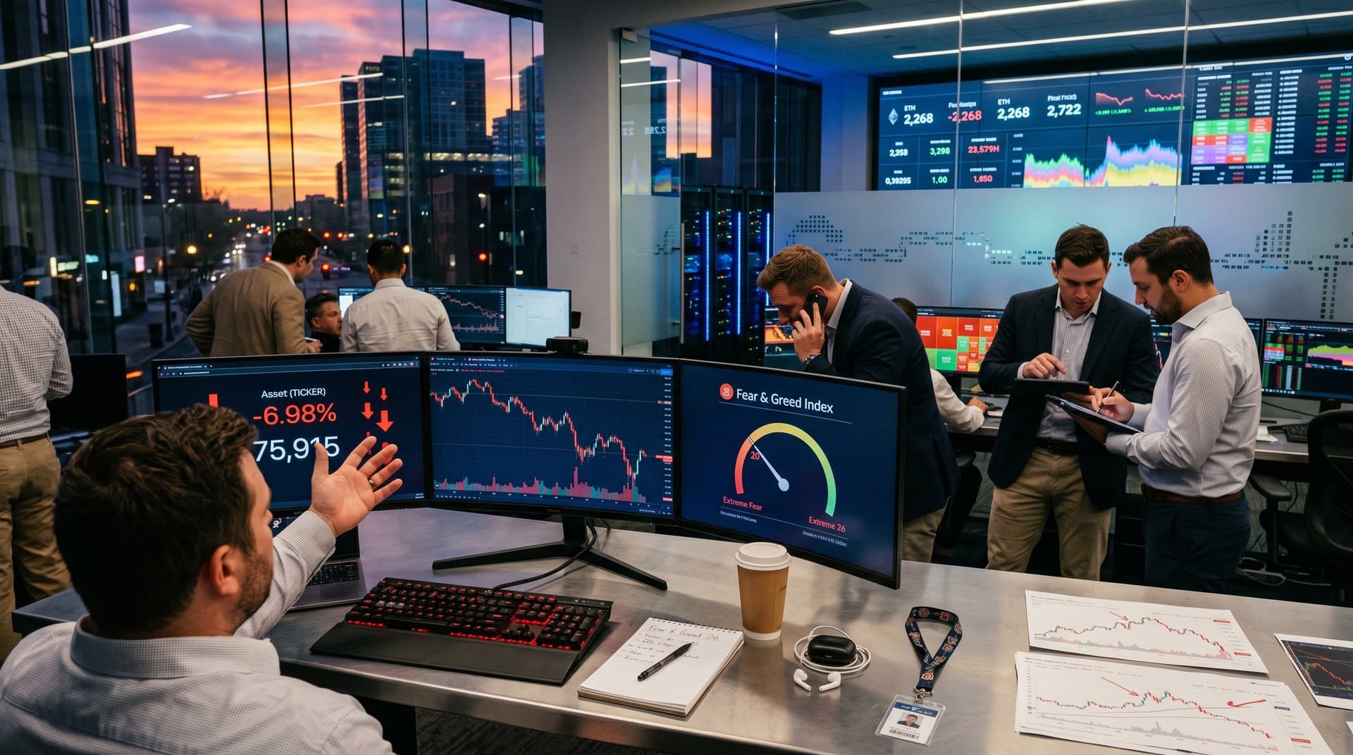 Trading screens show COIN decline and crypto charts in modern finance office