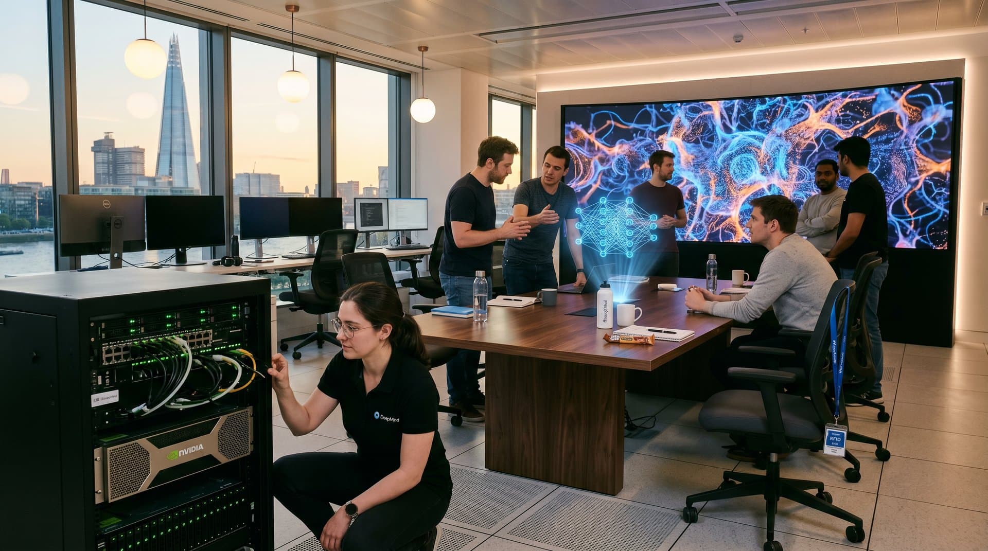 Engineers at Google DeepMind lab study neural nets on video wall amid server racks and conference discussions