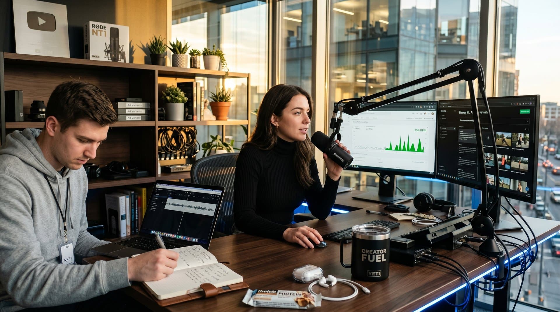 Creator desk with AI ad tools, dashboards, and production gear in modern office