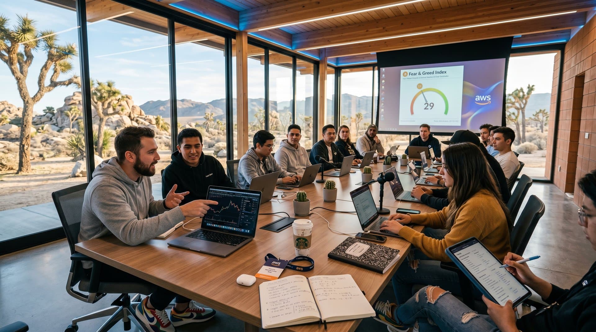 Bloggers collaborate on cloud AI tools at Copper Mountain College conference in Joshua Tree desert auditorium with crypto charts on screen