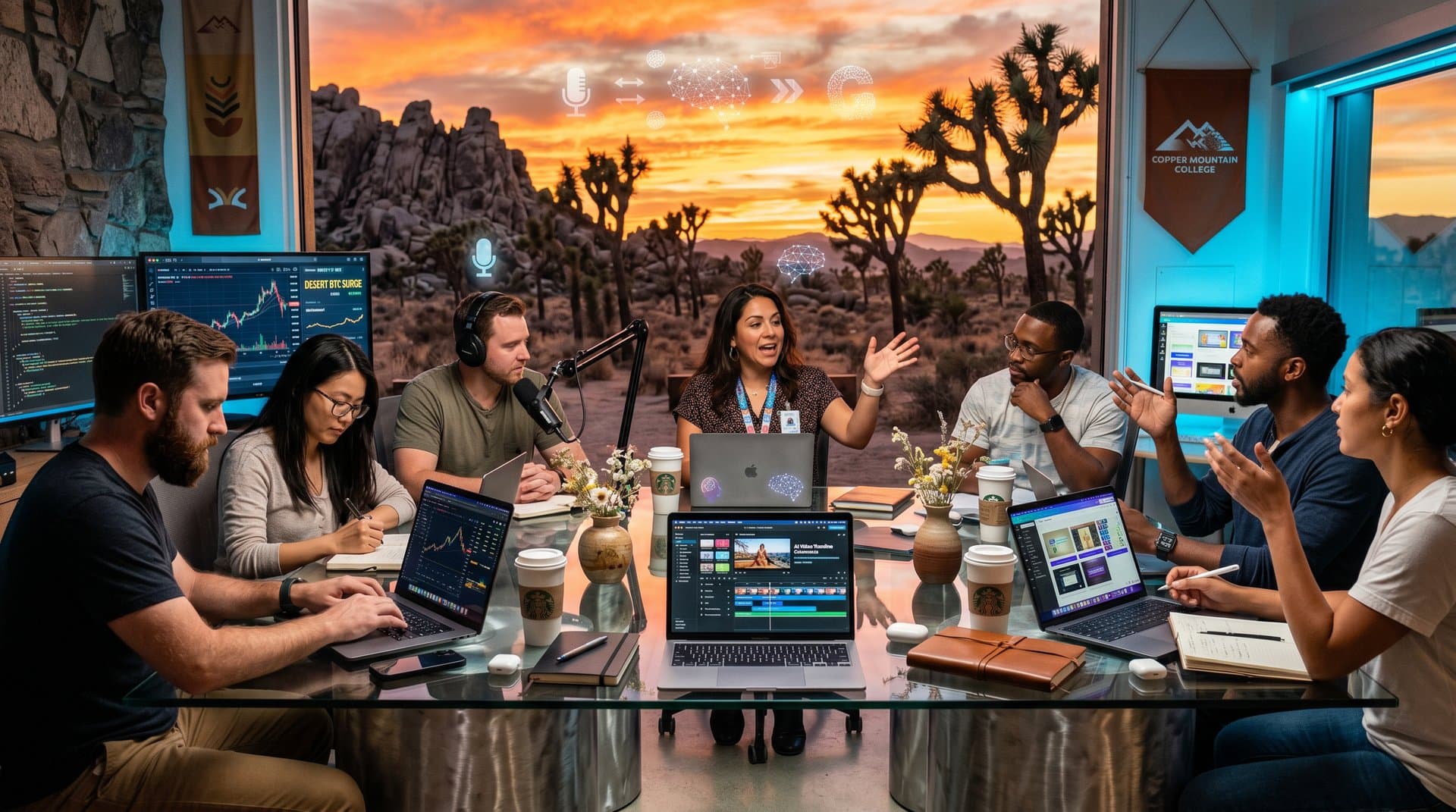 Joshua Tree desert conference scene with AI laptops, crypto charts, and creator tools under sunset skies