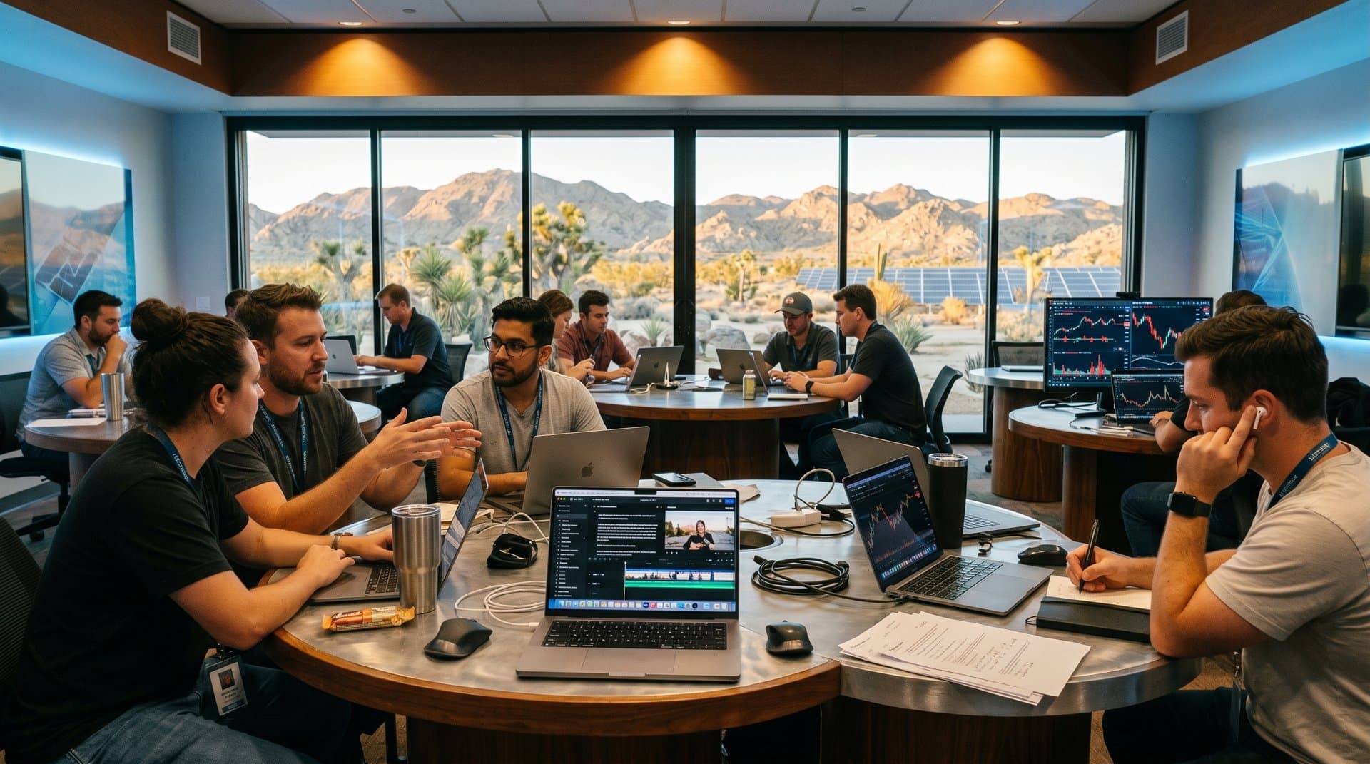 Conference room at Copper Mountain College Desert Innovation Hub showing AI tools and fintech charts like BTC and Fear Index