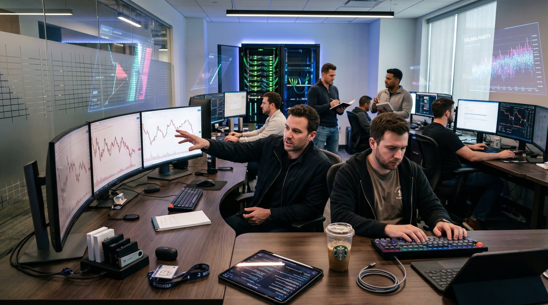 High-tech trading desk with monitors showing HYPE token at $39.50 USD charts, gadgets including keyboards, earbuds, and Hyperliquid data visualizations amid volatility metrics